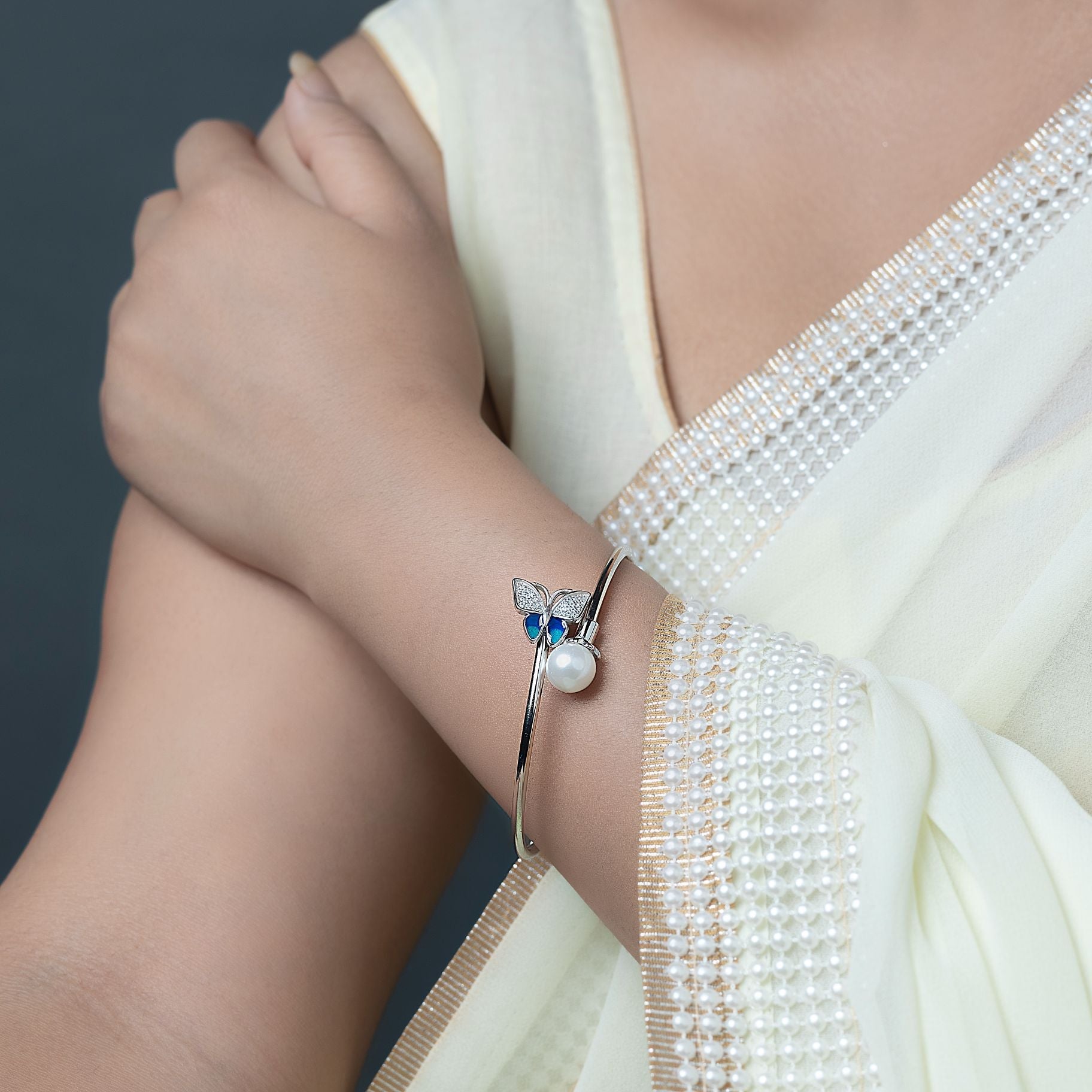 Aesthetic Butterfly With Moti studded Twisting Kada silverhousebyrj