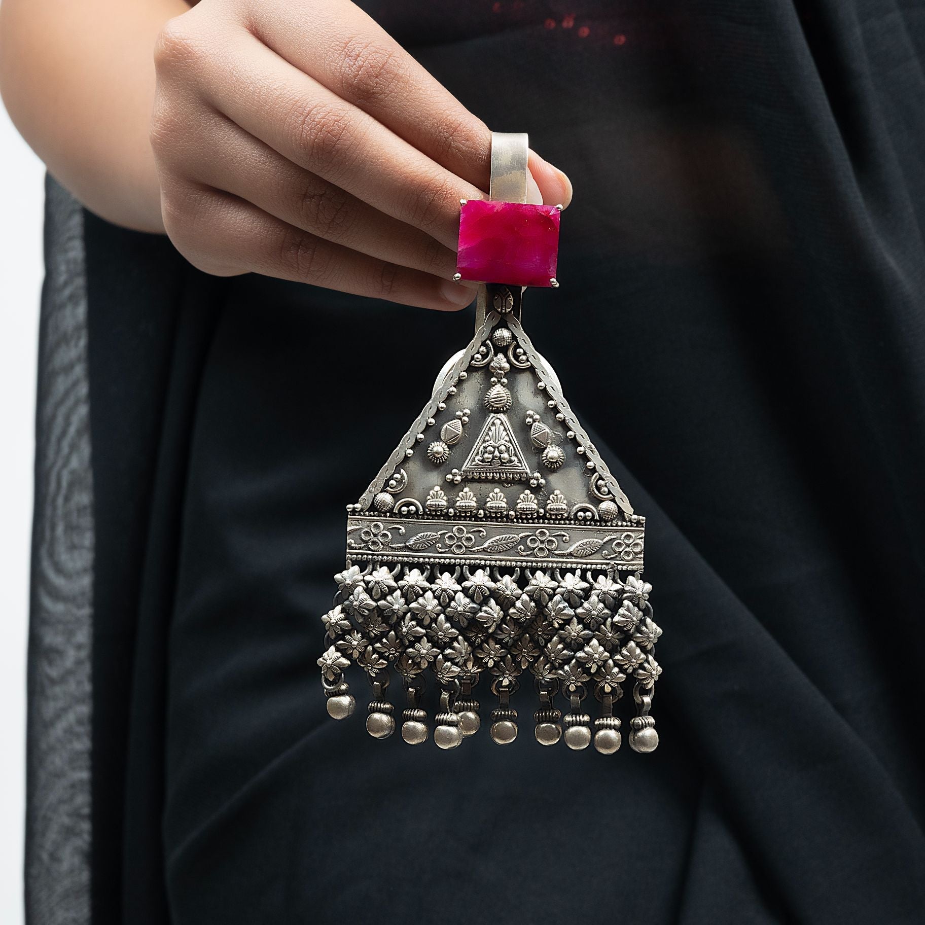 Alluring Triangular Jali Keychain With Drops of Ghungroos silverhousebyrj