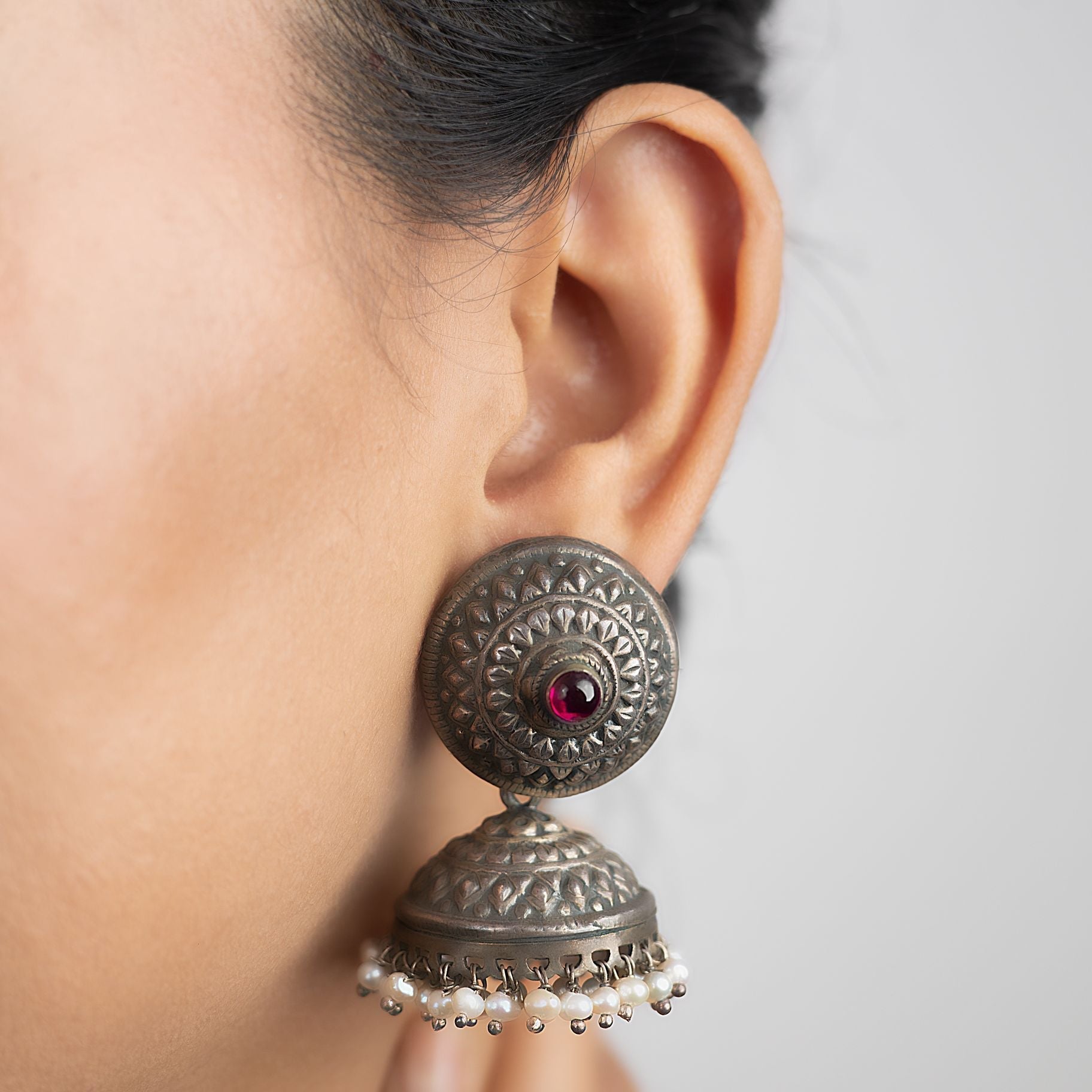 Antique Disc Jhumka earrings with Pearls Beads silverhousebyrj