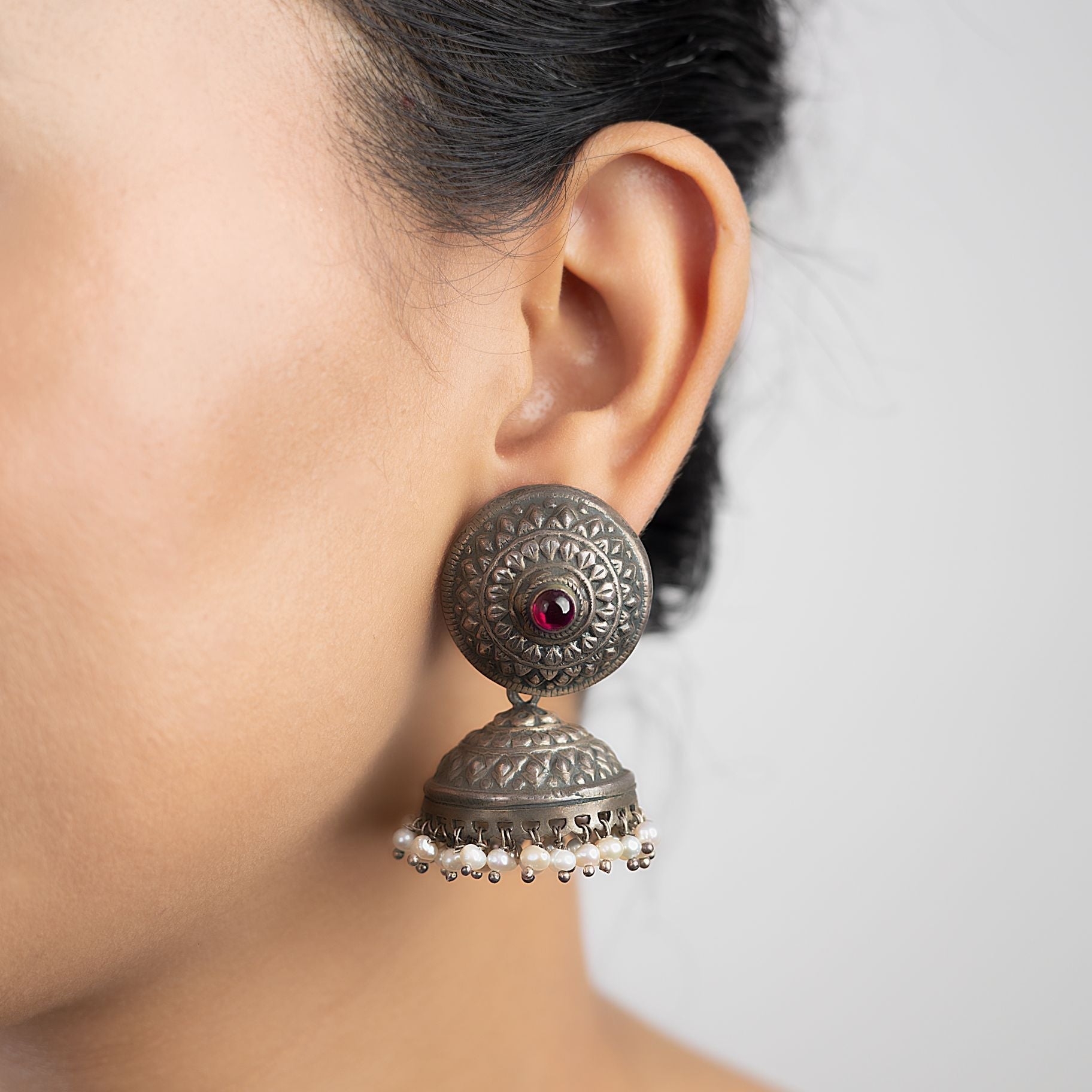 Antique Disc Jhumka earrings with Pearls Beads silverhousebyrj
