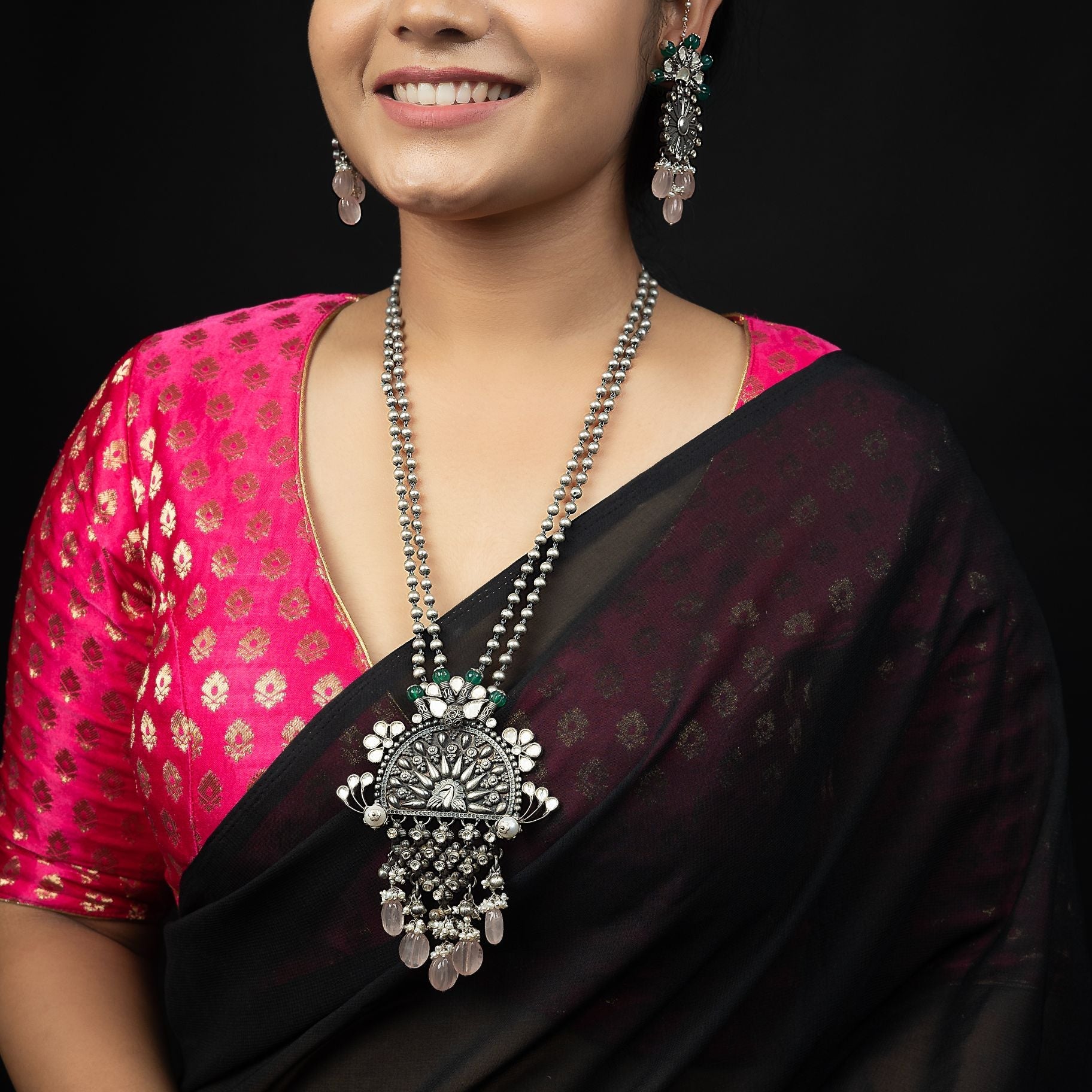 Antique Jali Pendant Along With Kundan Work Necklace Set With Double Matar mala Chain silverhousebyrj