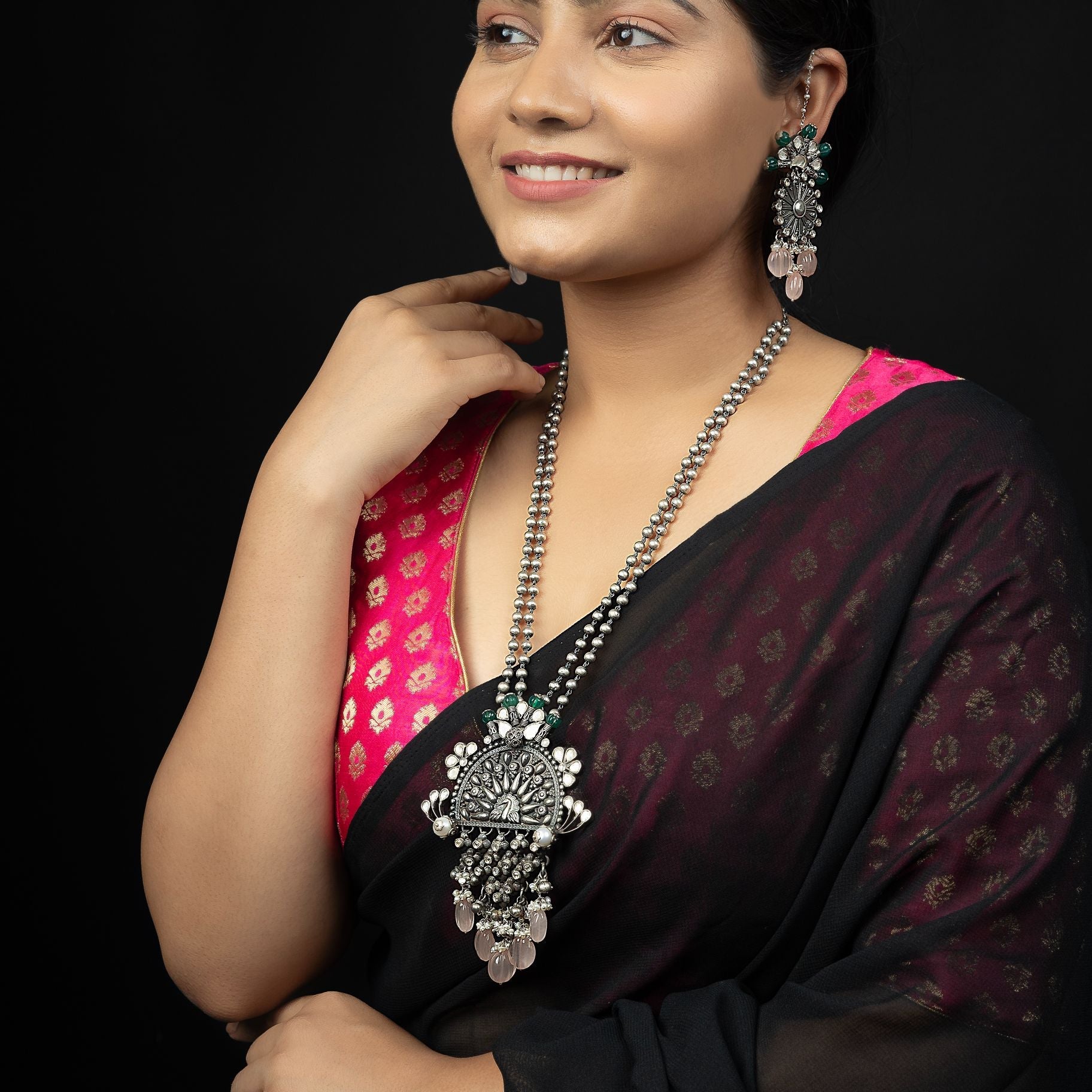 Antique Jali Pendant Along With Kundan Work Necklace Set With Double Matar mala Chain silverhousebyrj