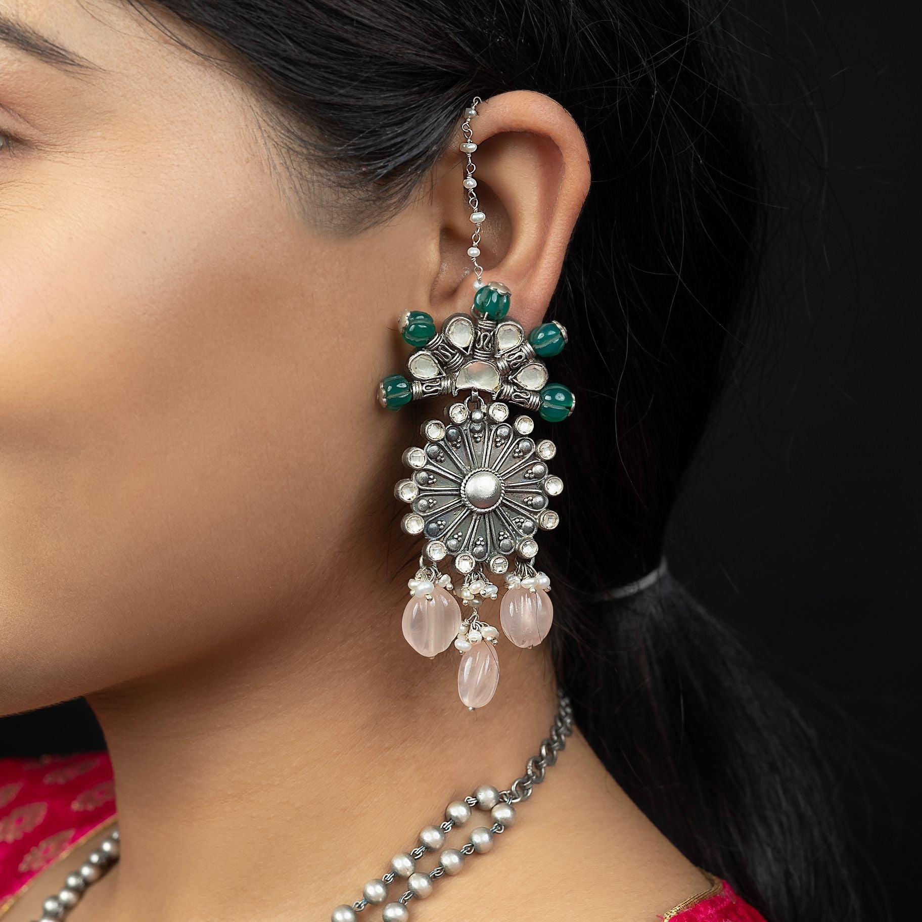 Antique Jali Pendant Along With Kundan Work Necklace Set With Double Matar mala Chain silverhousebyrj