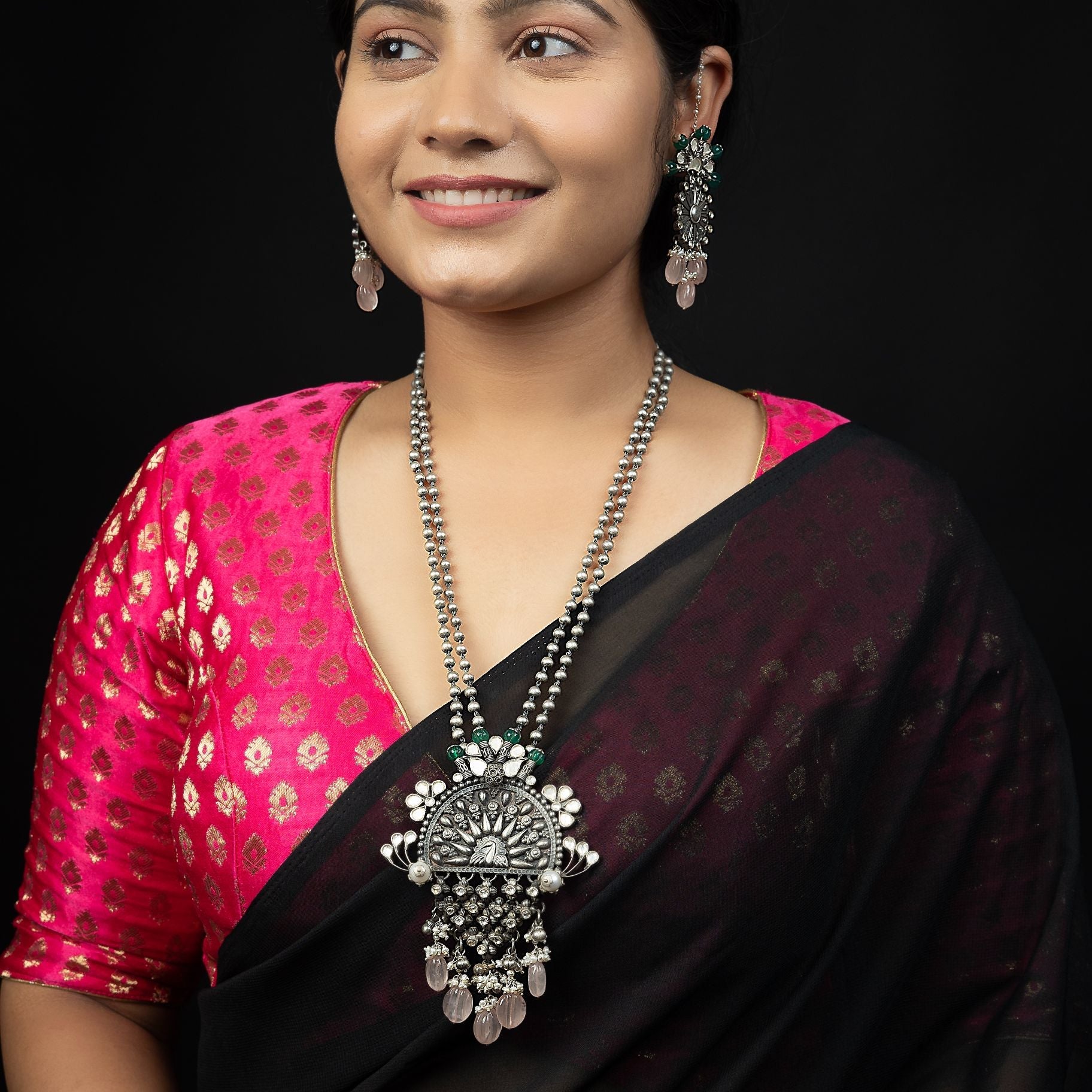 Antique Jali Pendant Along With Kundan Work Necklace Set With Double Matar mala Chain silverhousebyrj