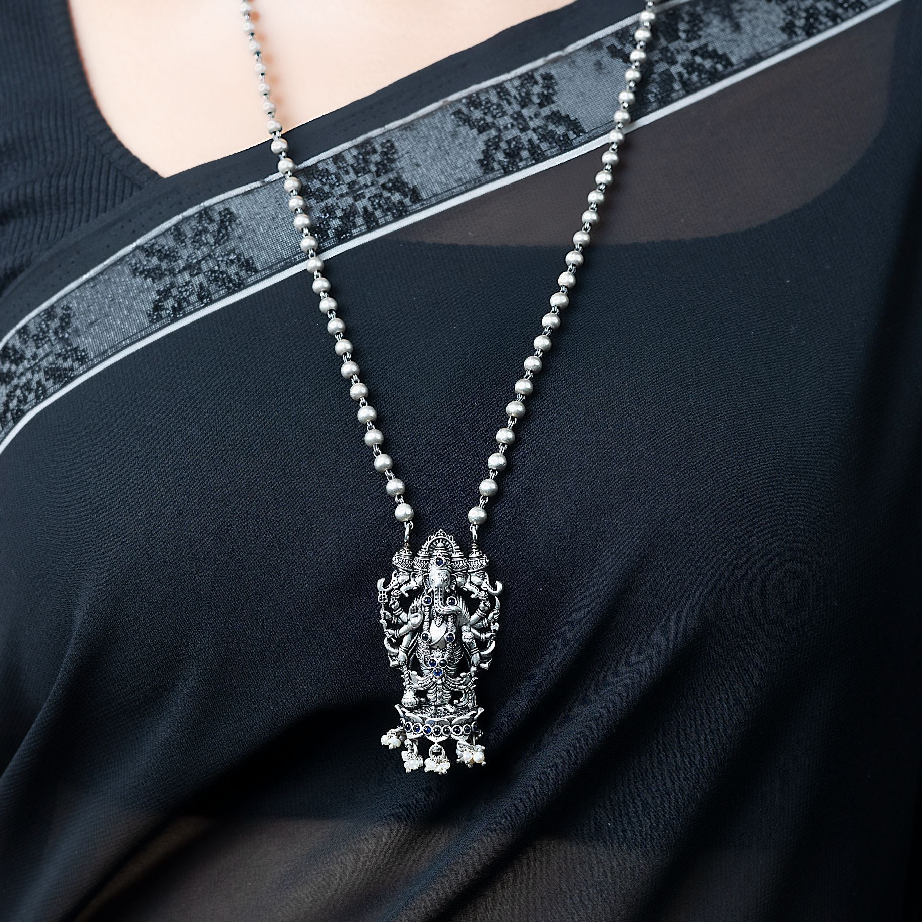 Antique Panchmukhi Ganpati Pendant with long matar mala chain silverhousebyrj