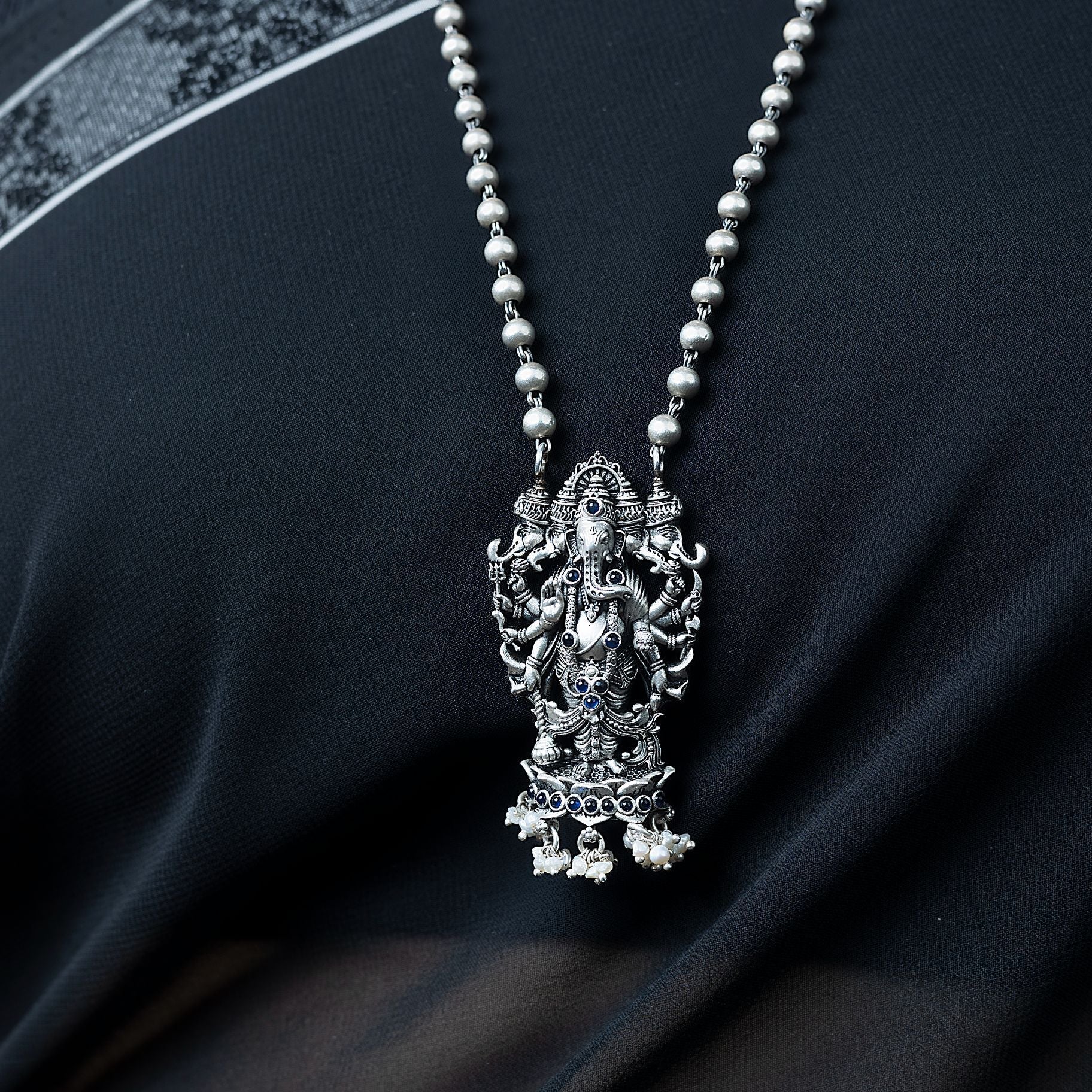 Antique Panchmukhi Ganpati Pendant with long matar mala chain silverhousebyrj