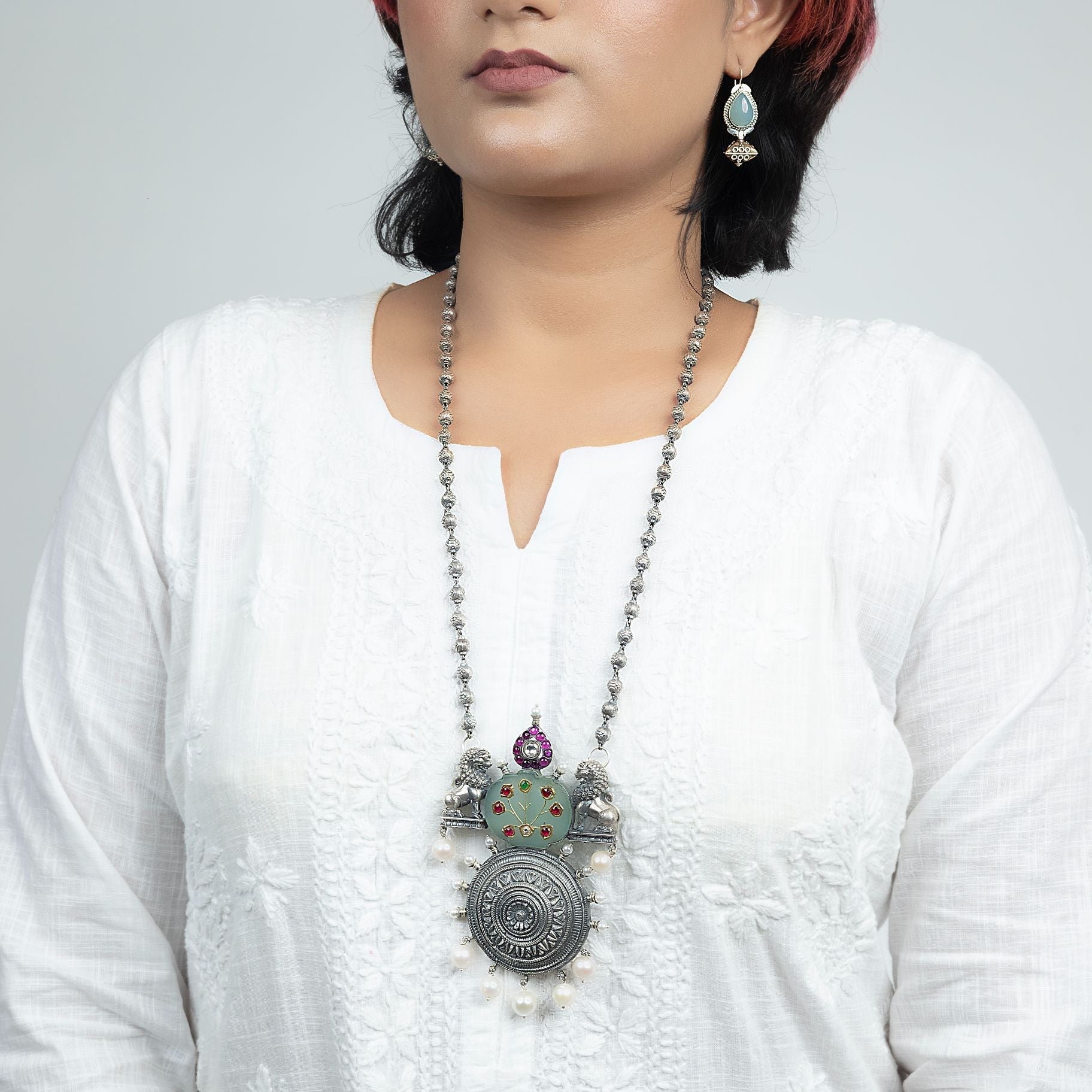 Appealing Lion Pendant With long Matar mala chain Set silverhousebyrj
