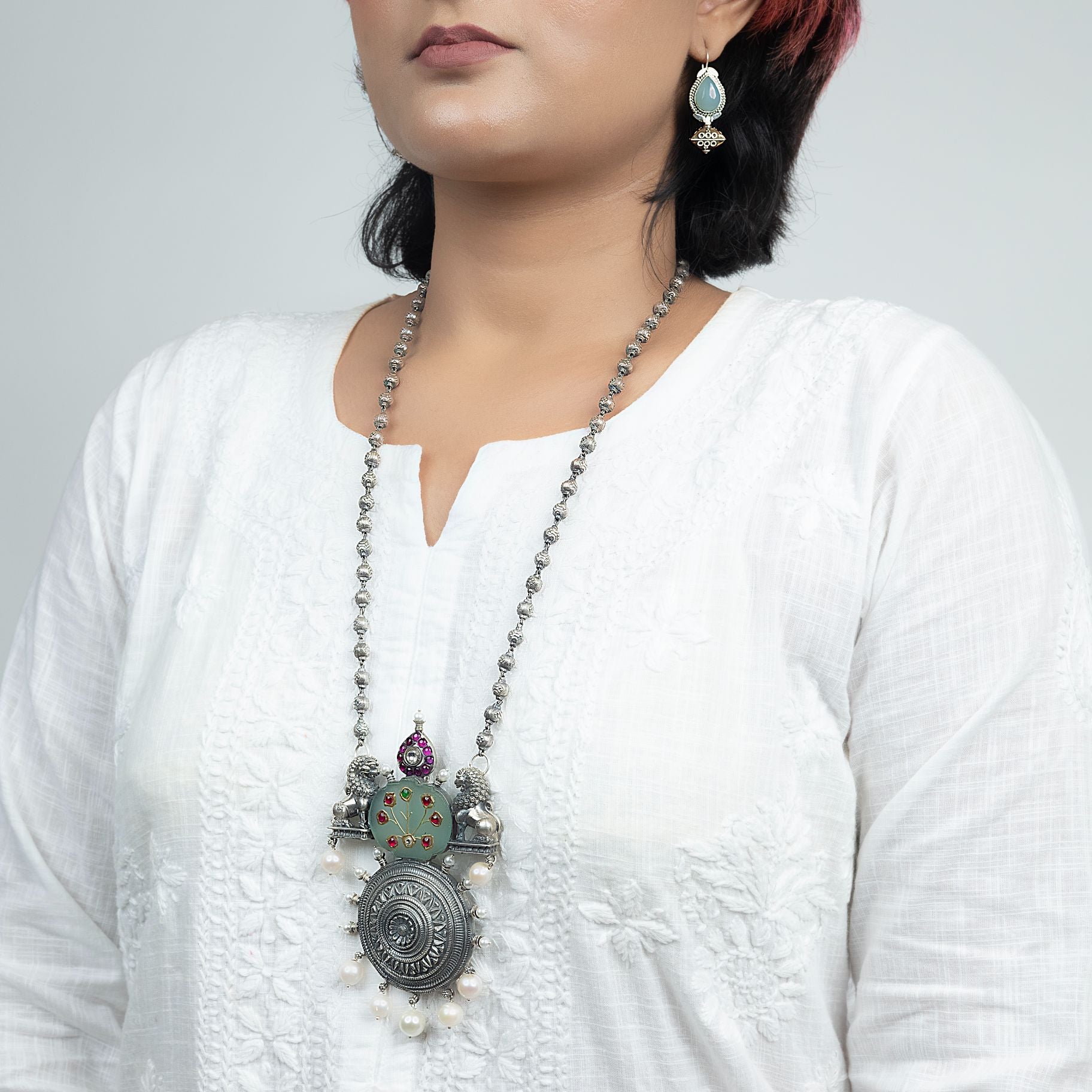 Appealing Lion Pendant With long Matar mala chain Set silverhousebyrj