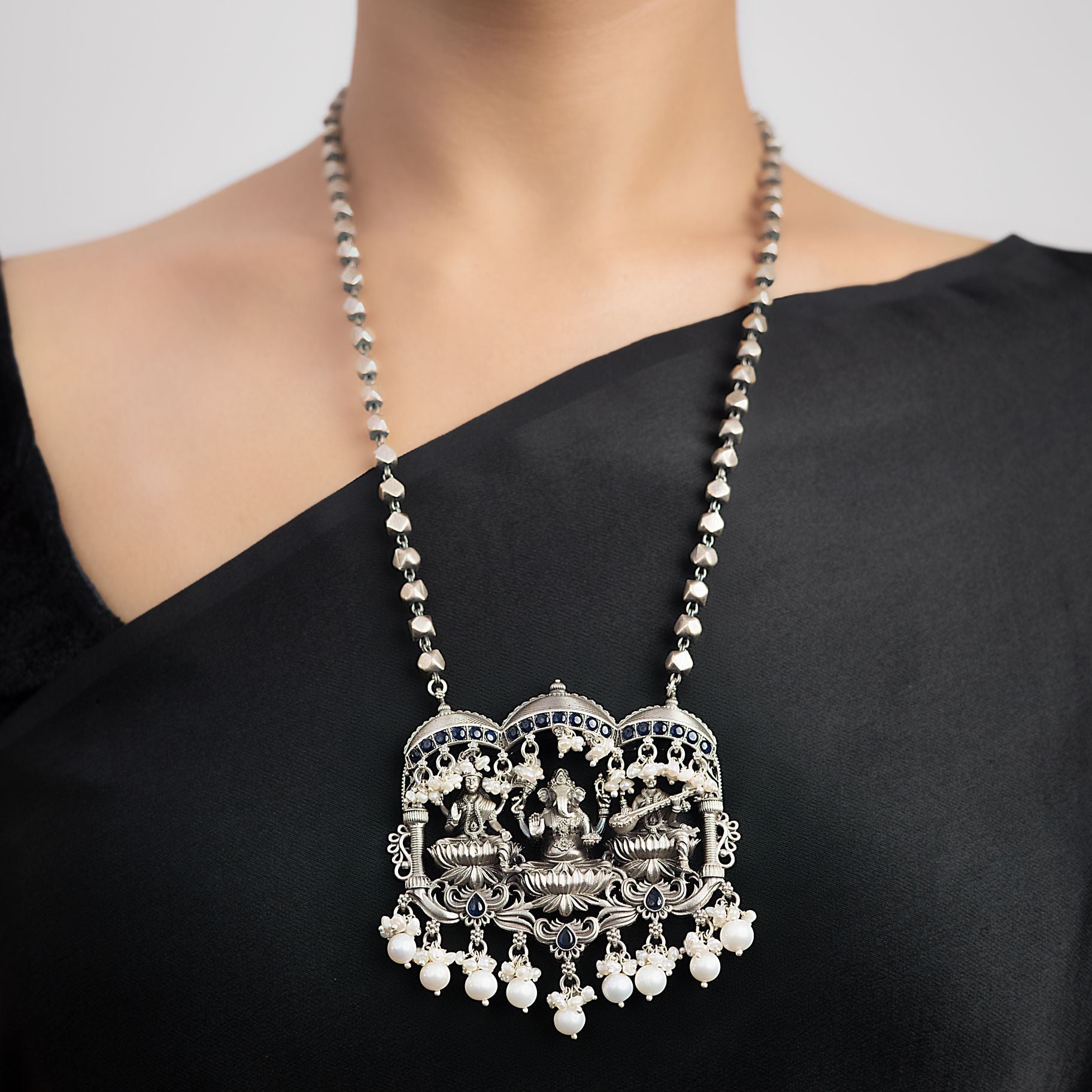 Artistic Trimurti Pendant with Matar mala (laxmi ji, Ganesh ji, Saraswati ji) silverhousebyrj