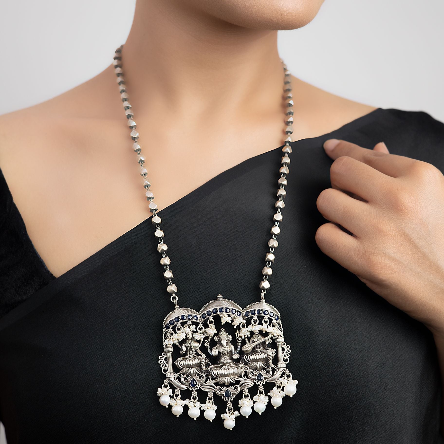 Artistic Trimurti Pendant with Matar mala (laxmi ji, Ganesh ji, Saraswati ji) silverhousebyrj