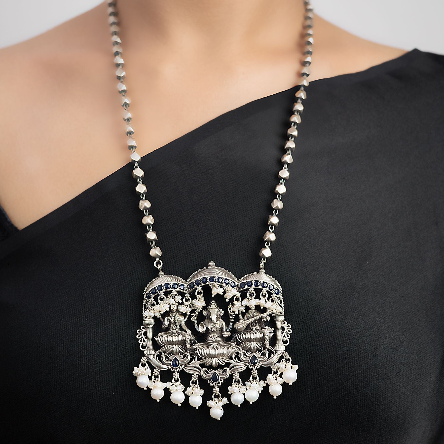 Artistic Trimurti Pendant with Matar mala (laxmi ji, Ganesh ji, Saraswati ji) silverhousebyrj