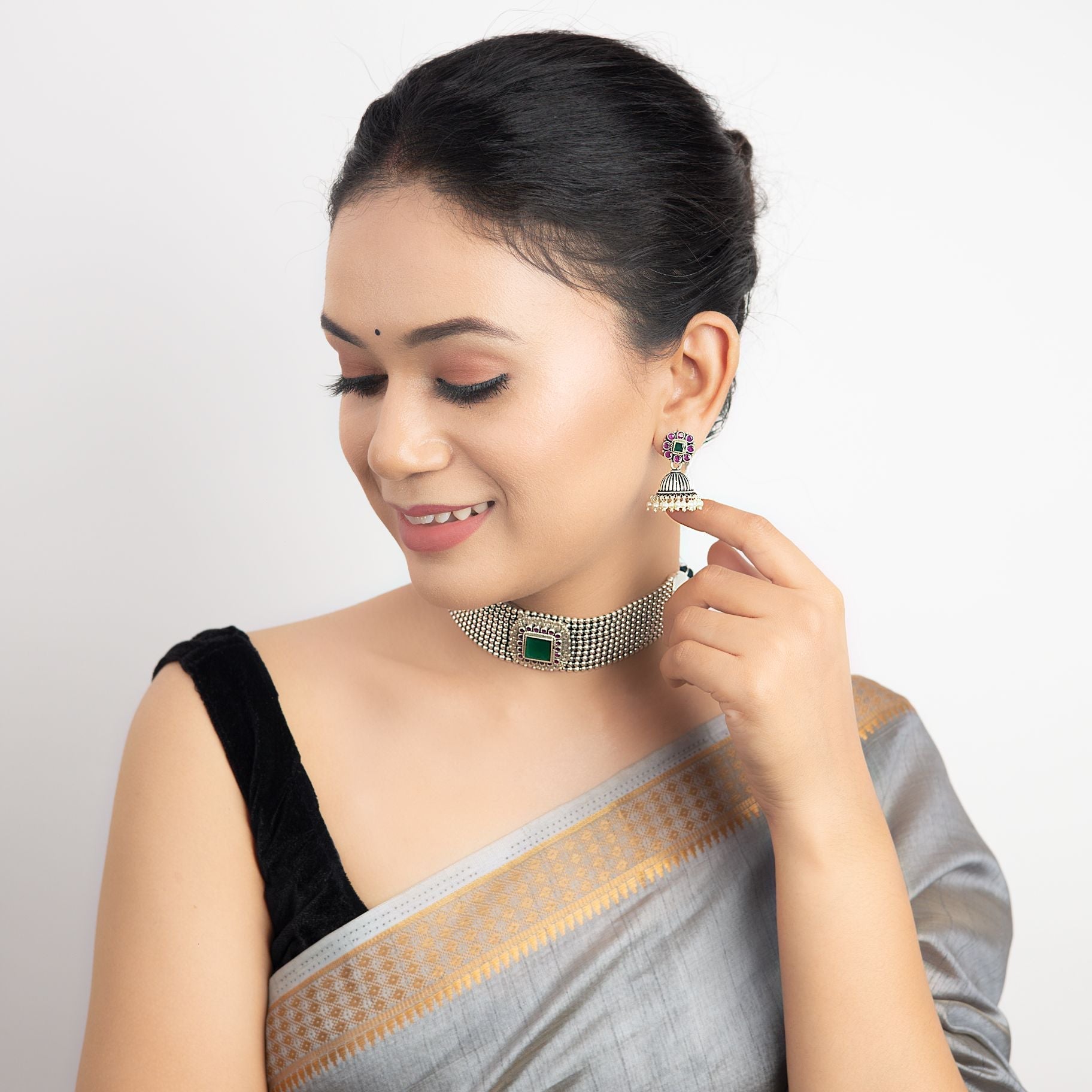 Charming Panna Choker with Attractive Jhumki Set silverhousebyrj