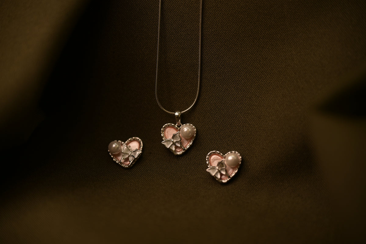 Pink Heart Pearl Pendant Set