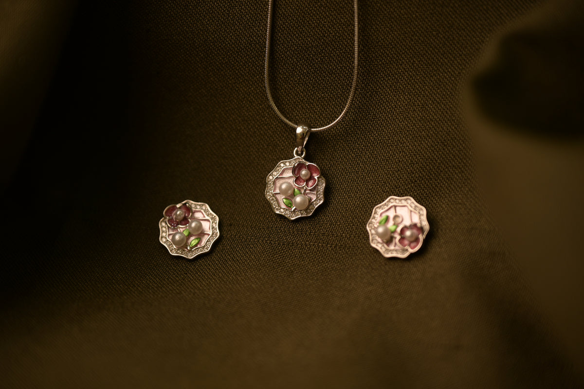 Floral Pearl Enamel Silver Pendant Set