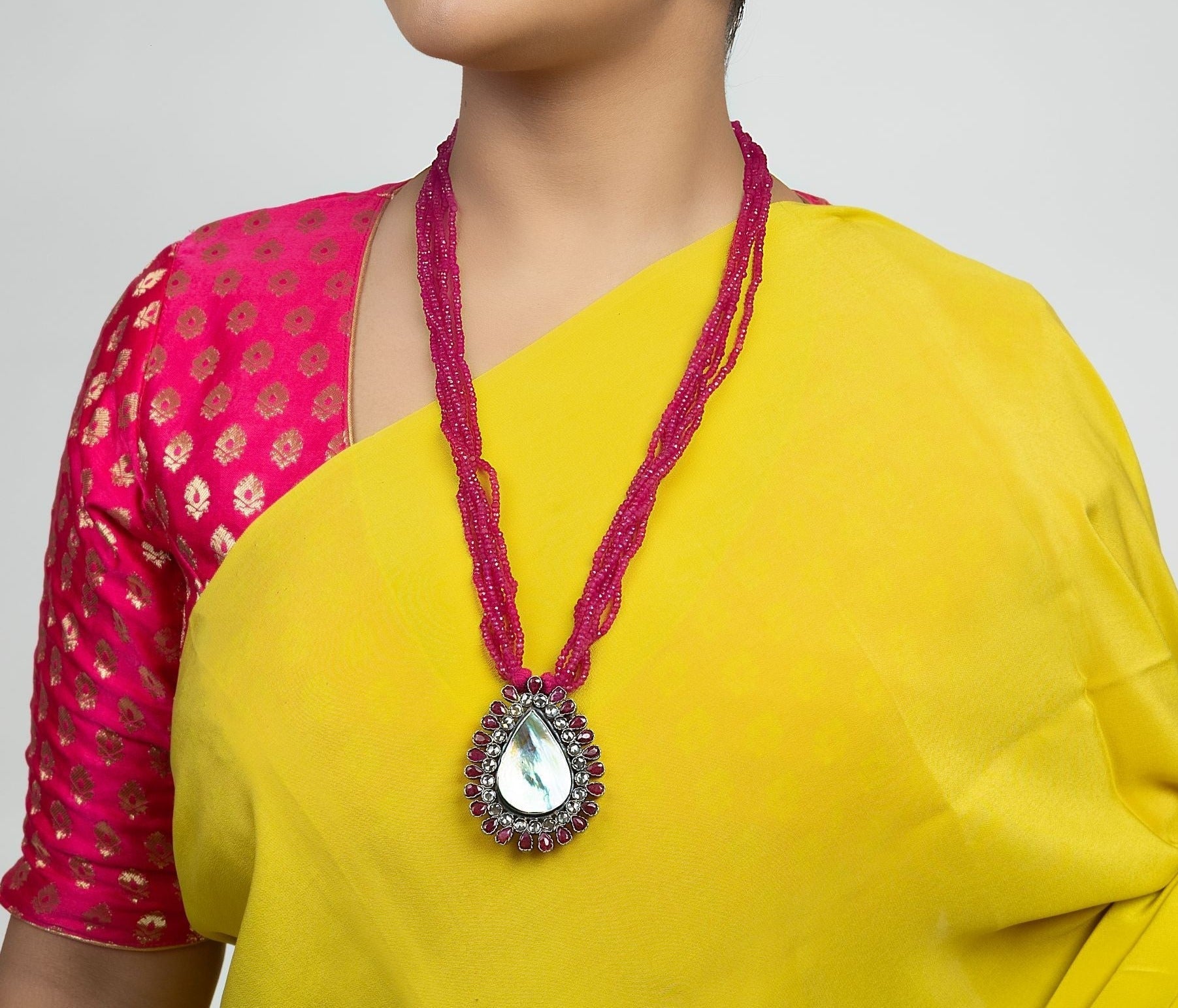 Delightful Long Stones Studded Necklace with Magenta Coloured Moti silverhousebyrj