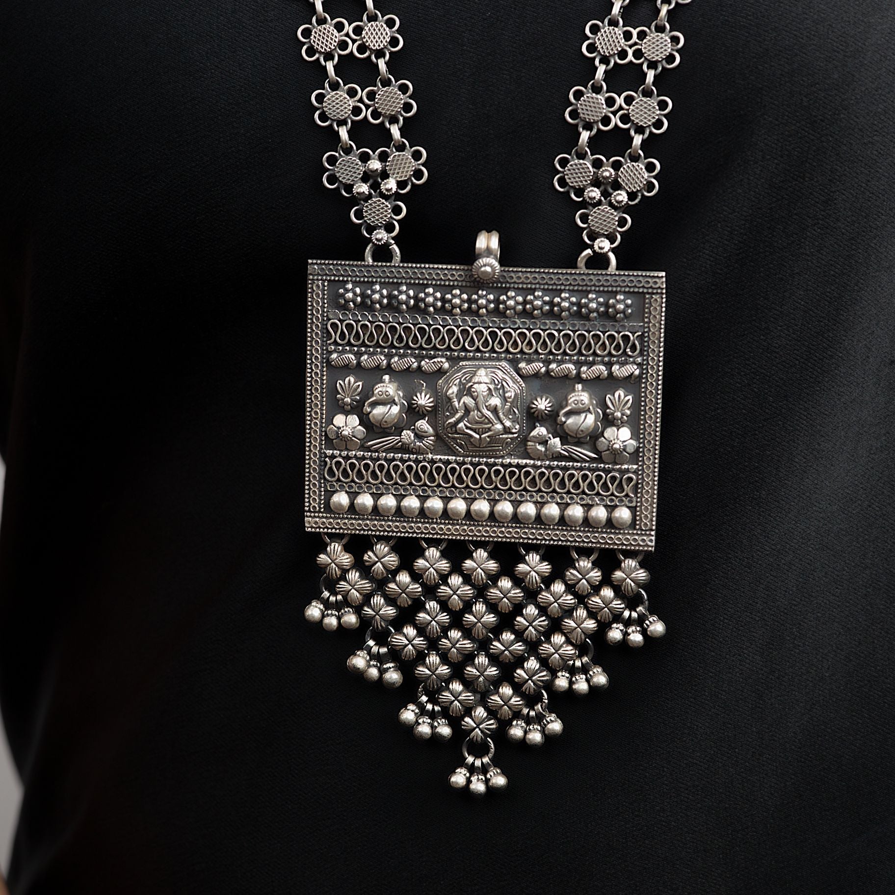 Divine Ganesh ji Jali Pendant with Floral Double-Layered Chain silverhousebyrj