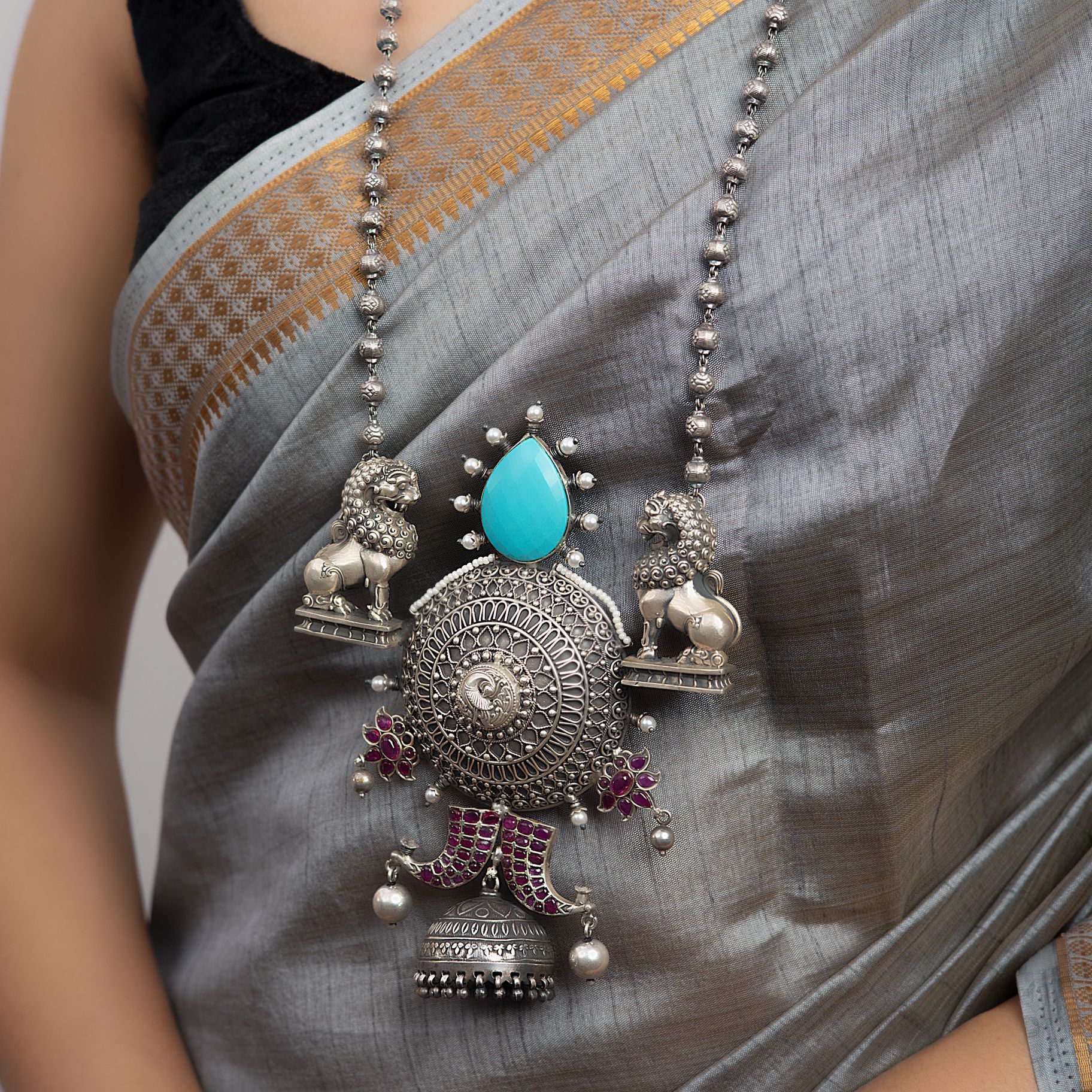 Elegant Lion Pendant with Long Beads Mala silverhousebyrj