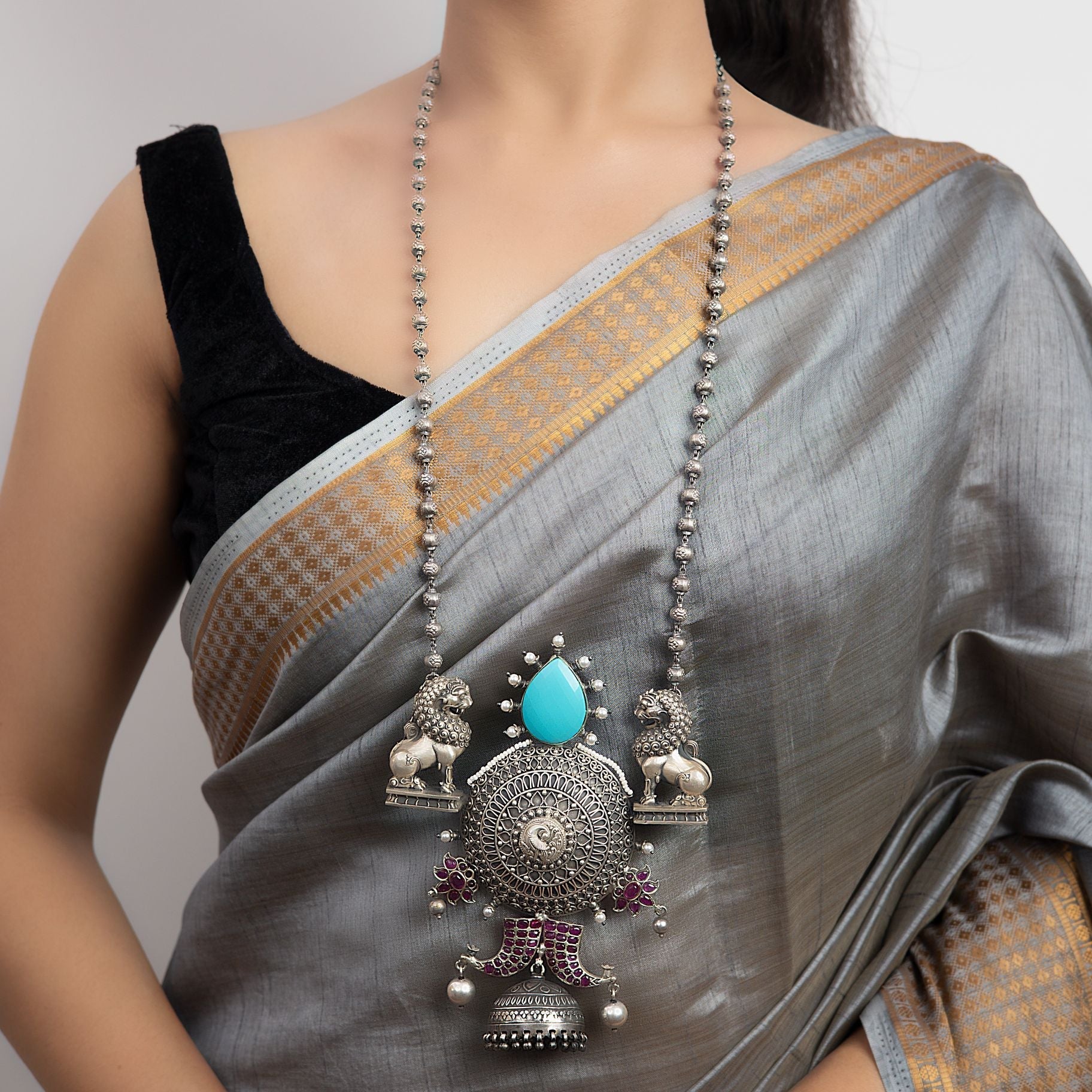 Elegant Lion Pendant with Long Beads Mala silverhousebyrj