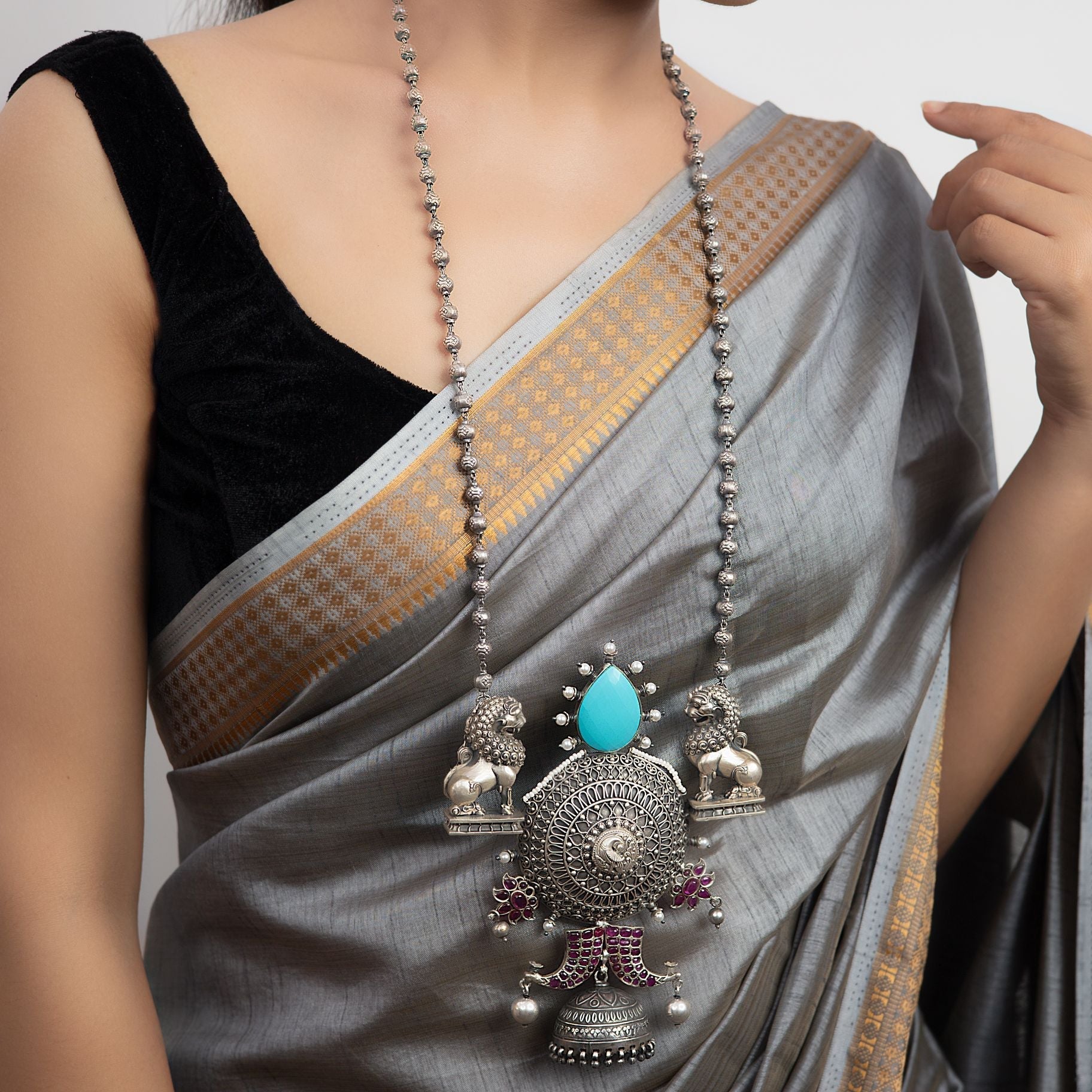 Elegant Lion Pendant with Long Beads Mala silverhousebyrj
