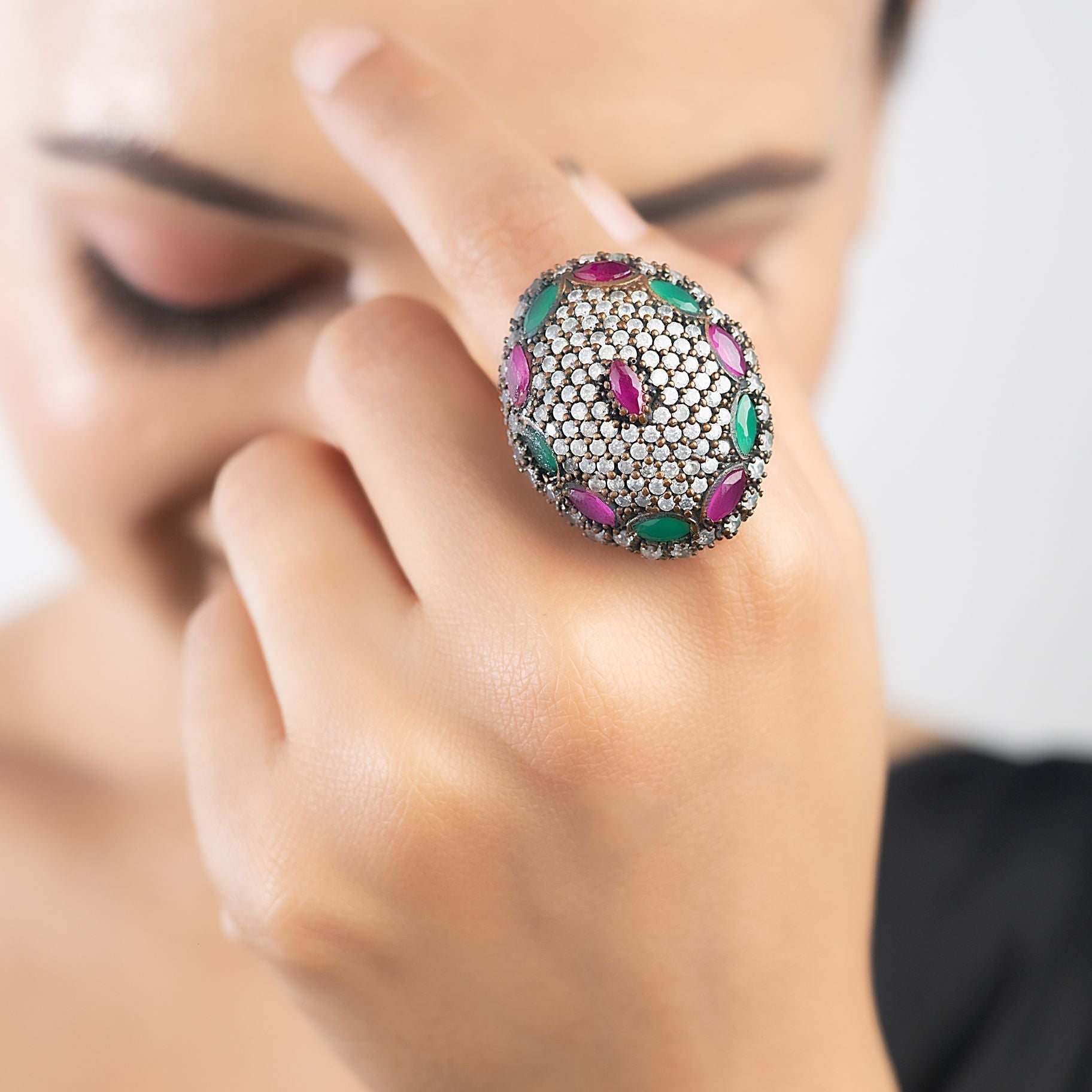 Elegant Silver Ring with Semi-Precious Stone and Dotted Design silverhousebyrj
