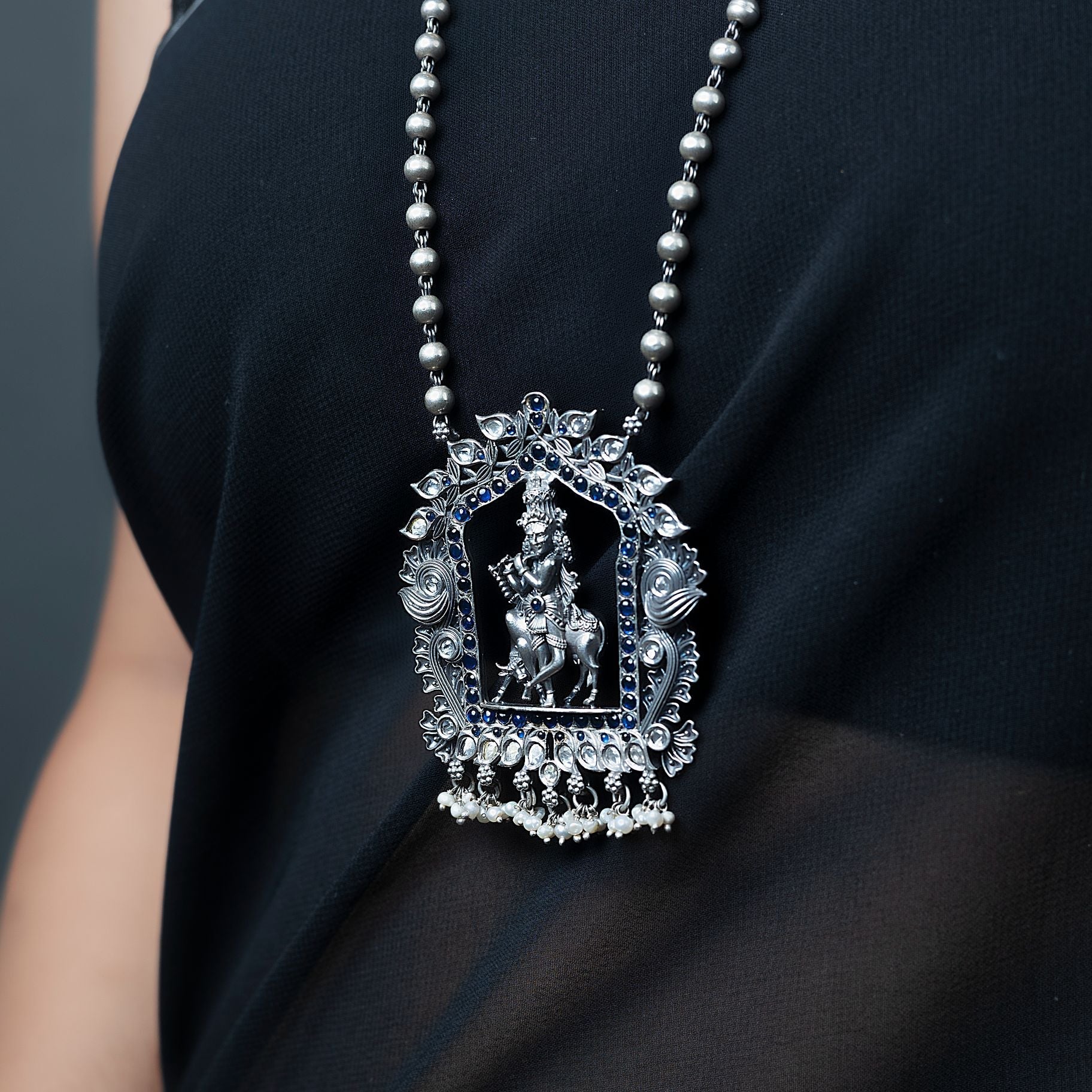 Exclusively Designed Krishna with cow Pendant with Long Matar mala Chain silverhousebyrj