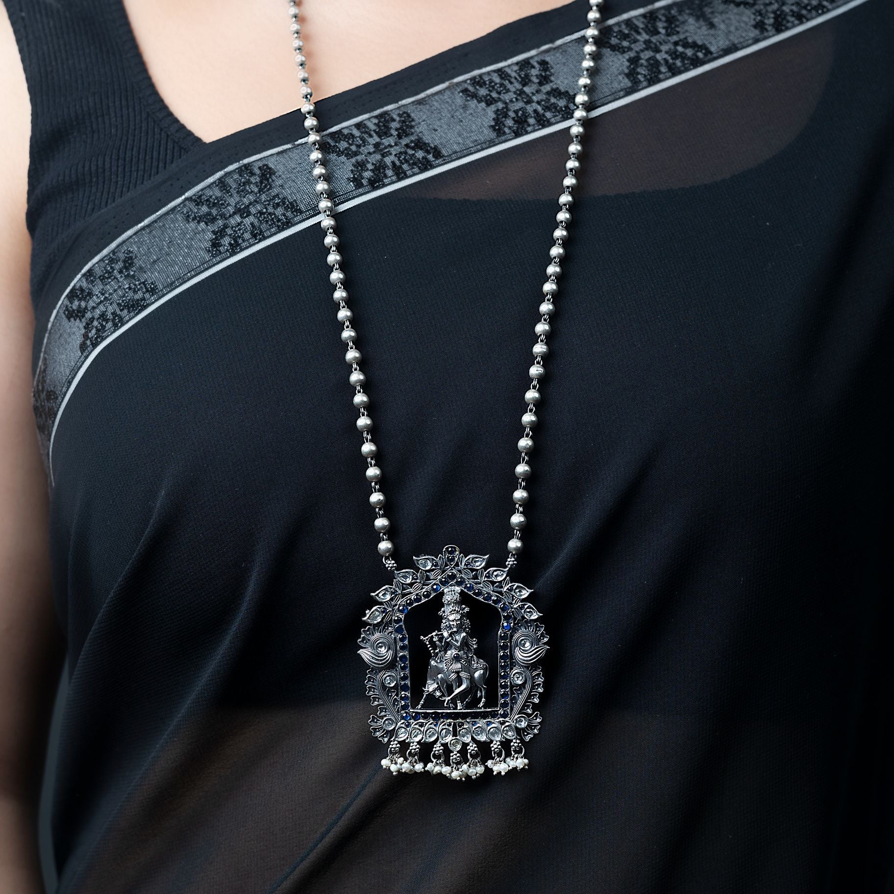 Exclusively Designed Krishna with cow Pendant with Long Matar mala Chain silverhousebyrj