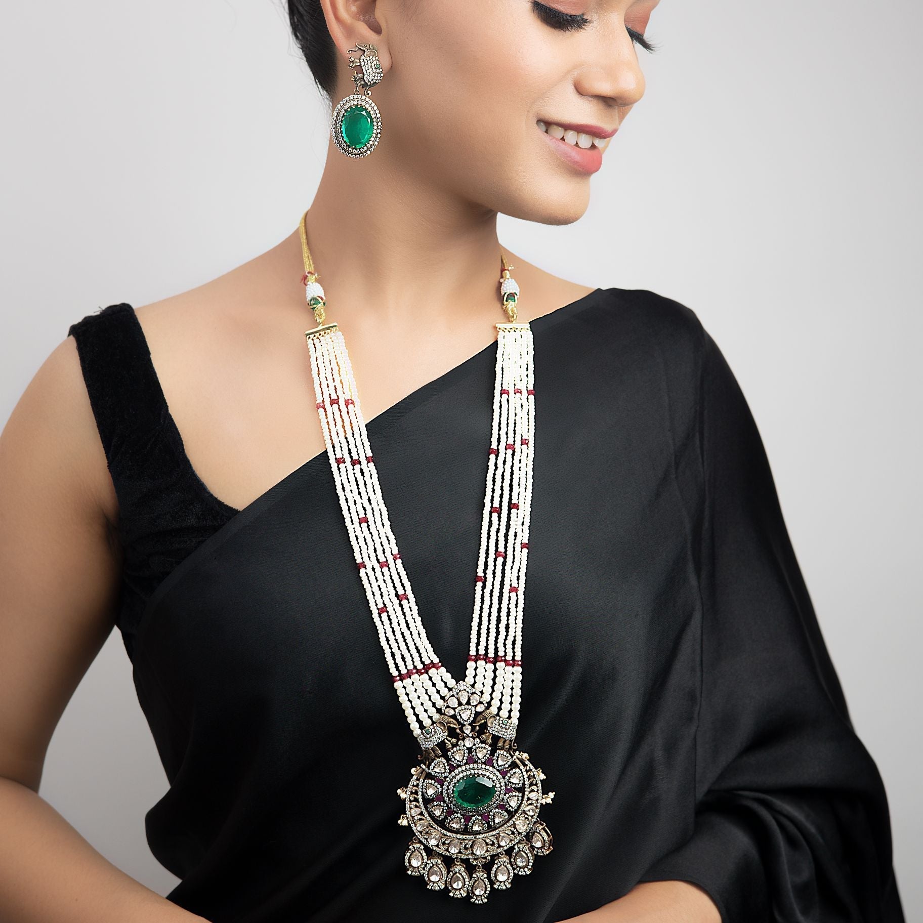 Exquisite Polki and Pearls Silver Necklace and Panna Earings silverhousebyrj