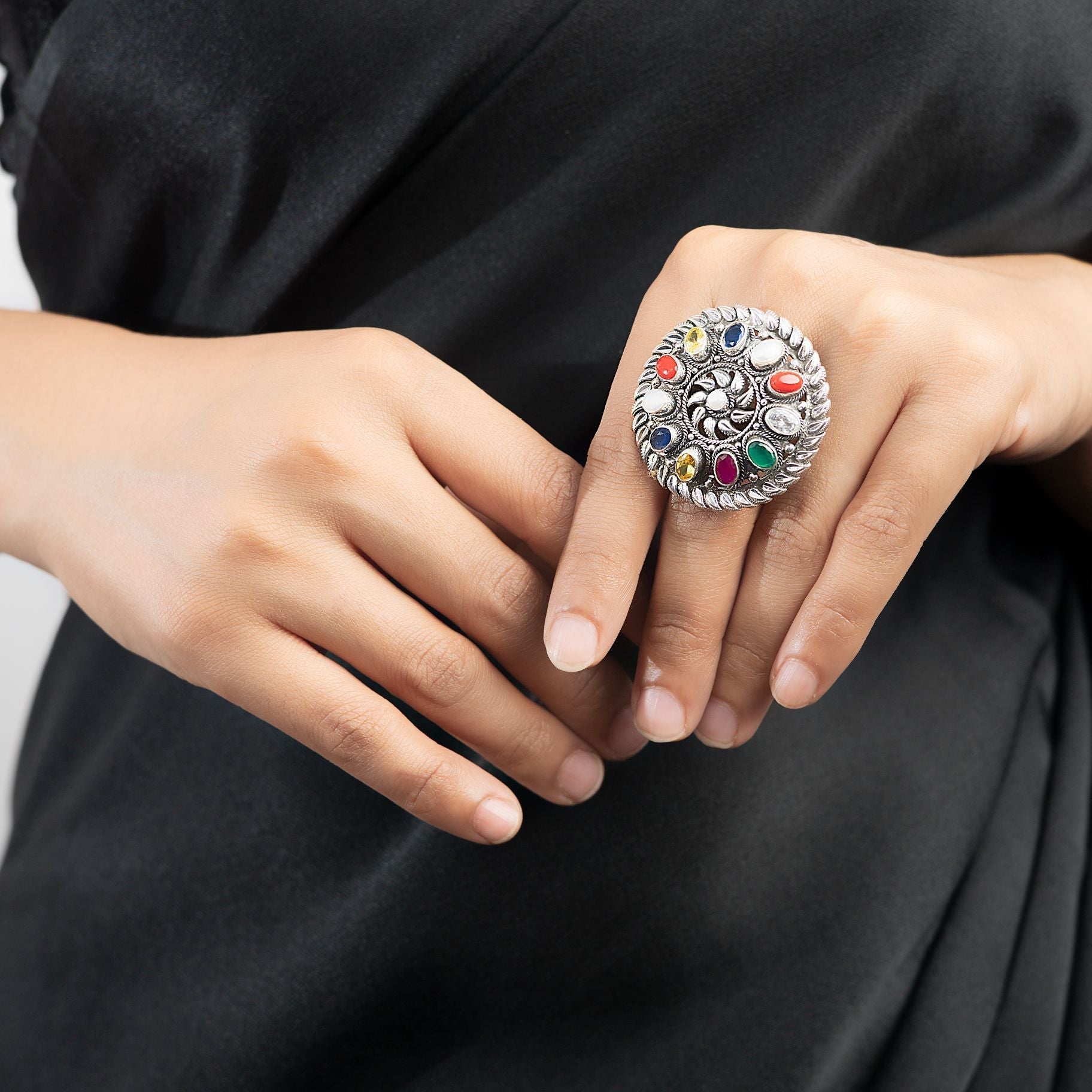 Exquisite Silver Ring with Precious Stone Petals and Vibrant Borders silverhousebyrj