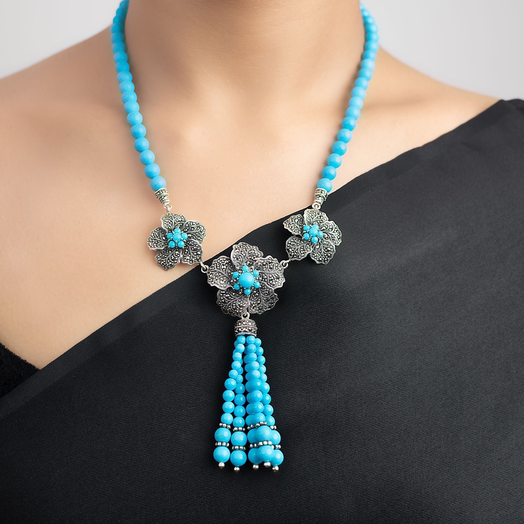 Floral Marcasite Necklace with Firoza Beads silverhousebyrj
