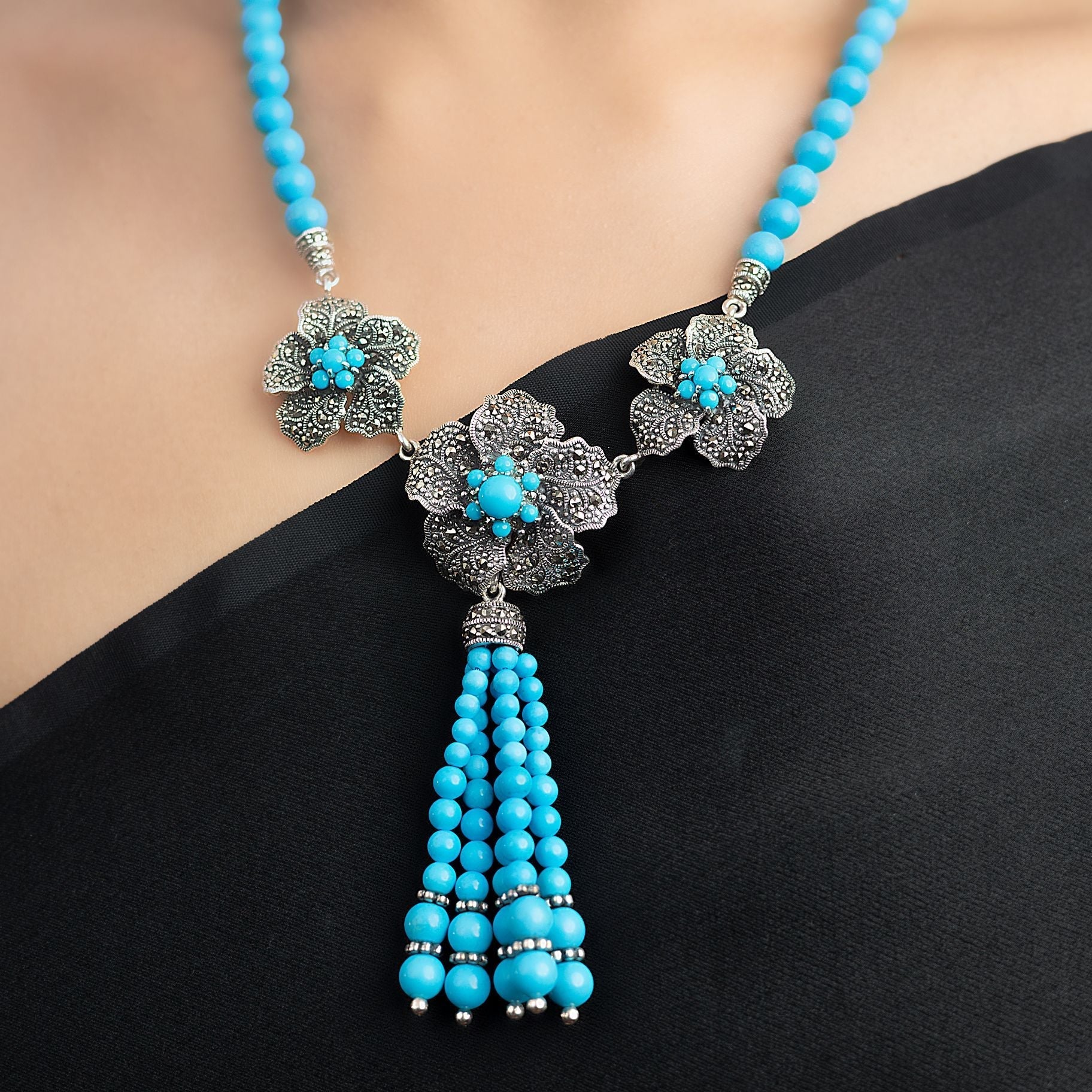 Floral Marcasite Necklace with Firoza Beads silverhousebyrj
