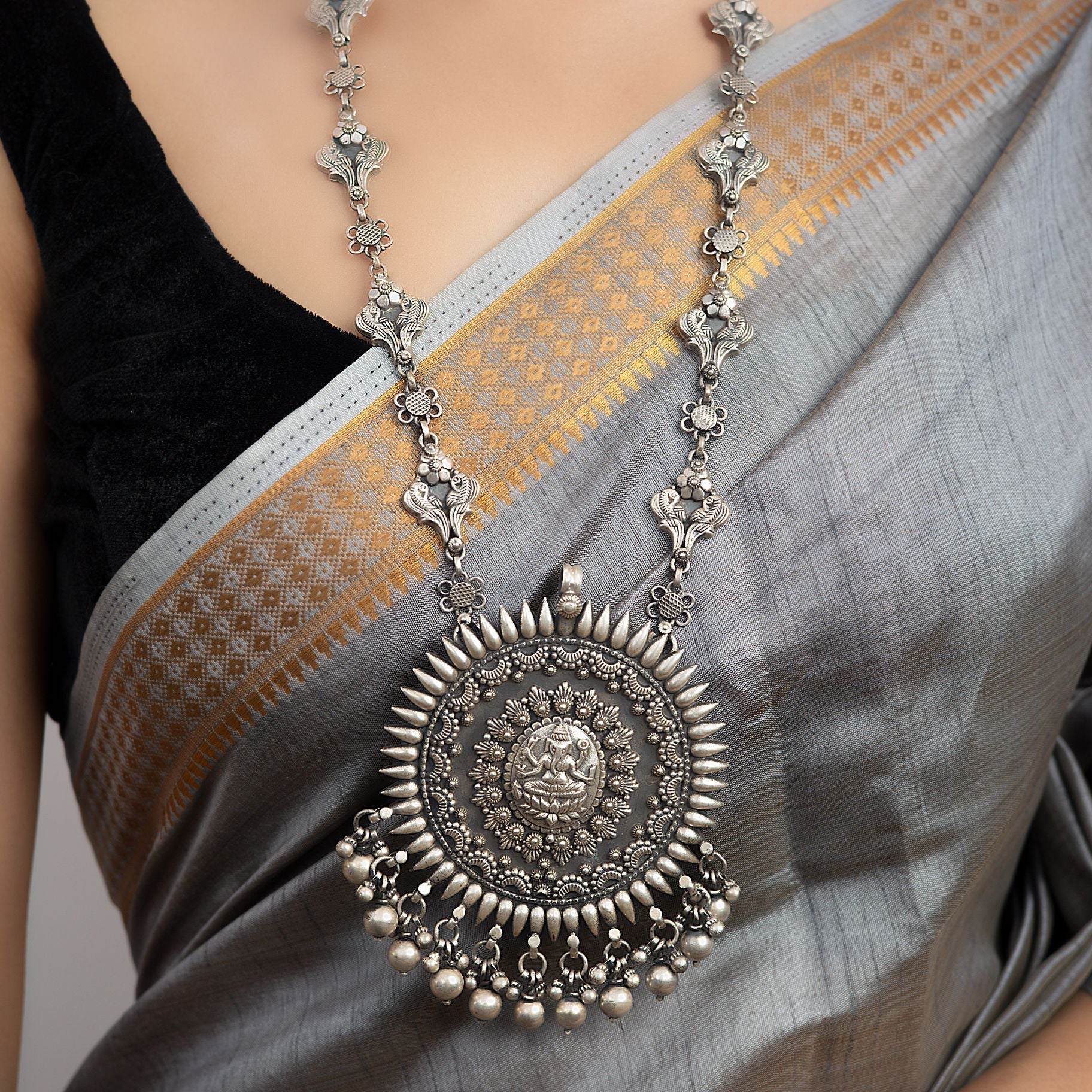 Ganesh Ji Ghungroo Pendant with Floral Long Chain silverhousebyrj