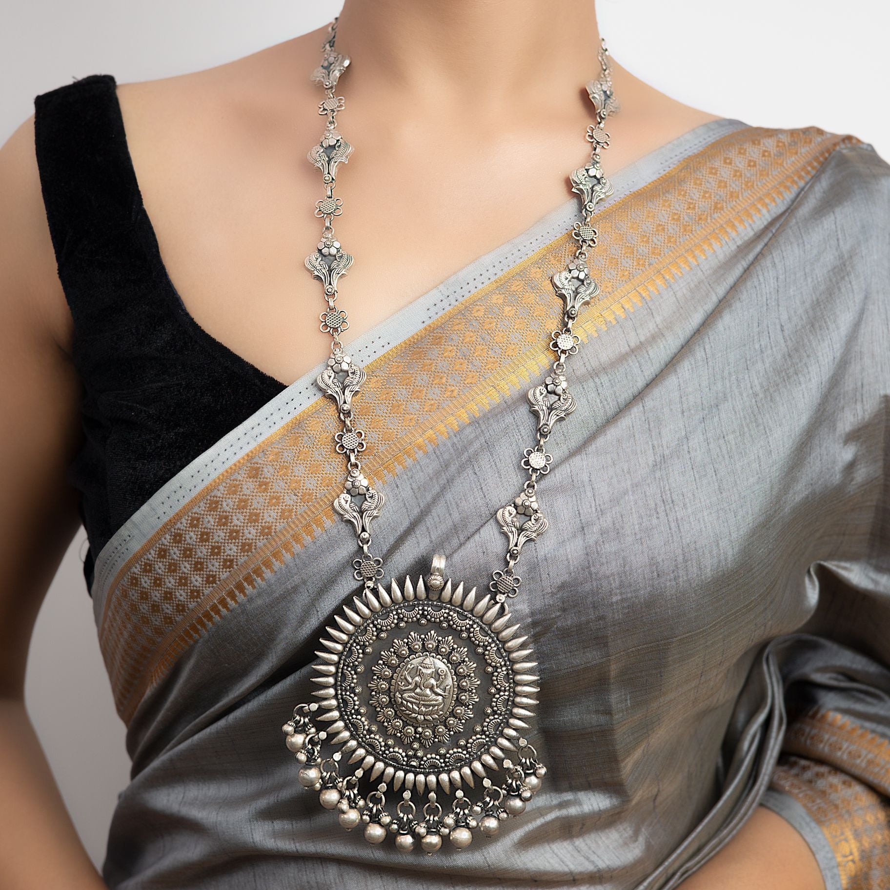 Ganesh Ji Ghungroo Pendant with Floral Long Chain silverhousebyrj