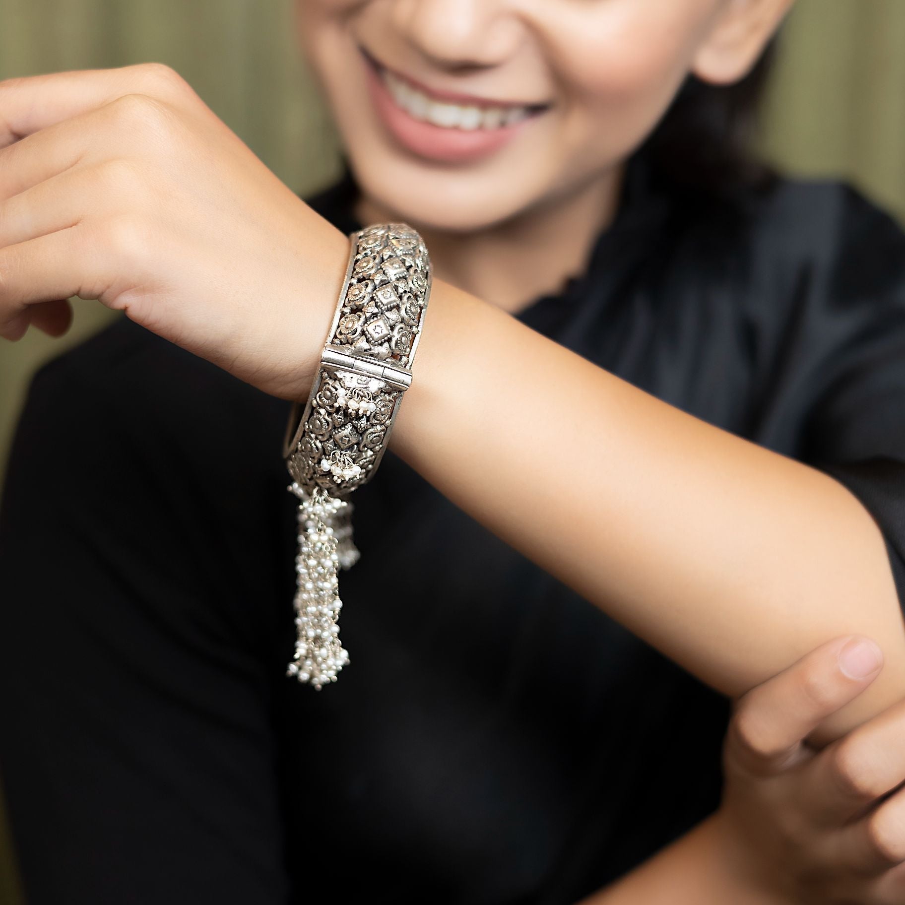 Jali Floral Kada with Hanging Pearls silverhousebyrj