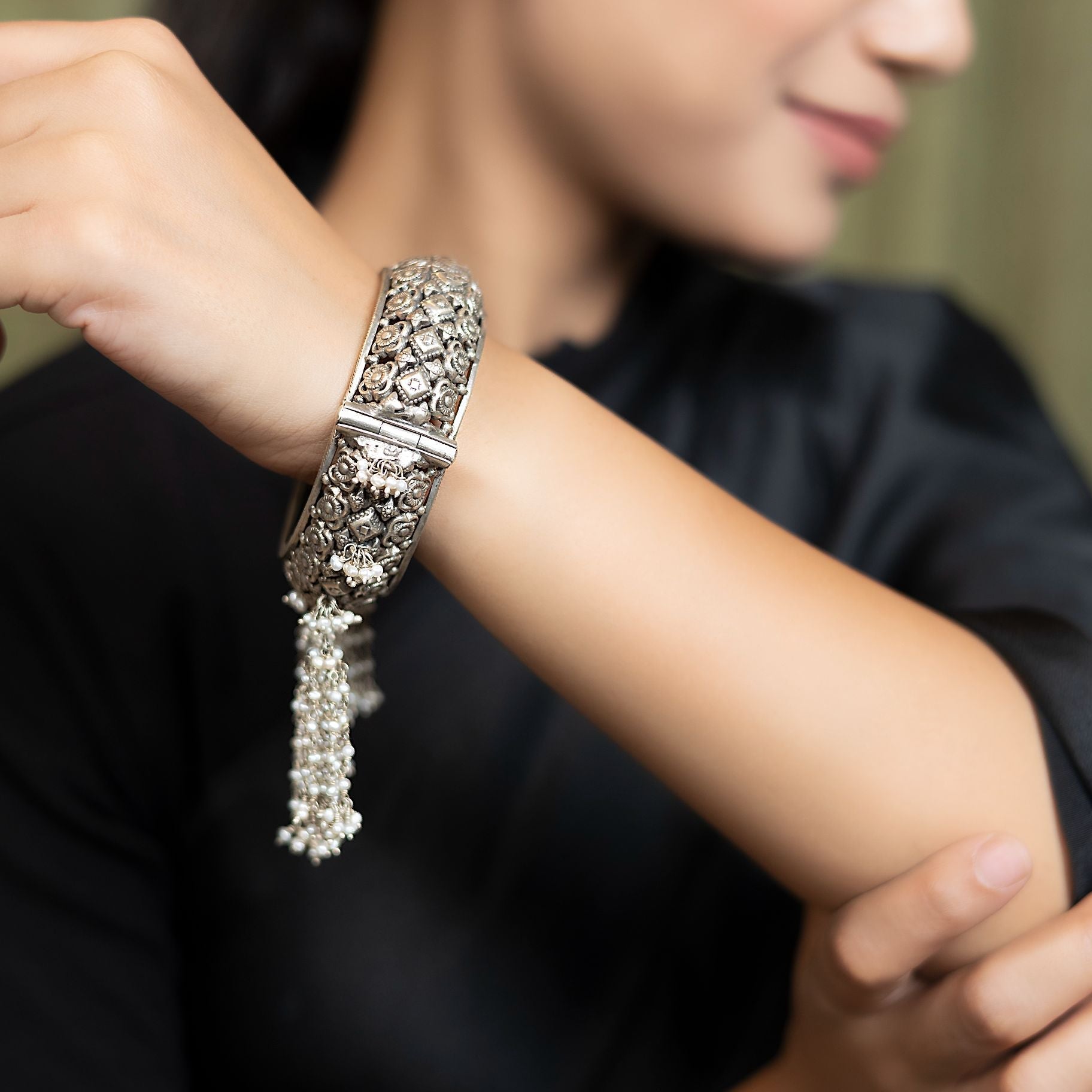 Jali Floral Kada with Hanging Pearls silverhousebyrj