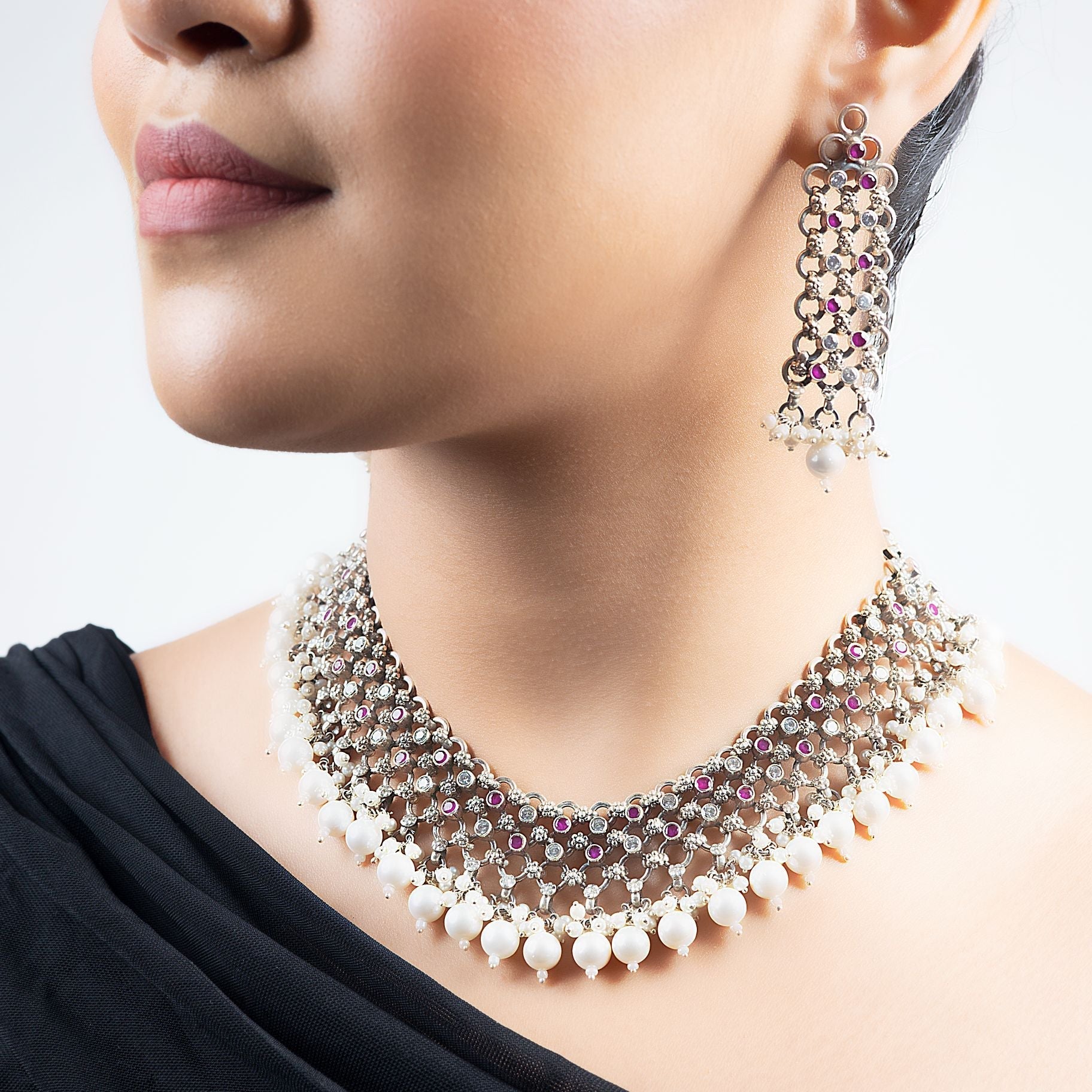 Jali Necklace set With Hanging Pearls Along Adjusting Chain silverhousebyrj