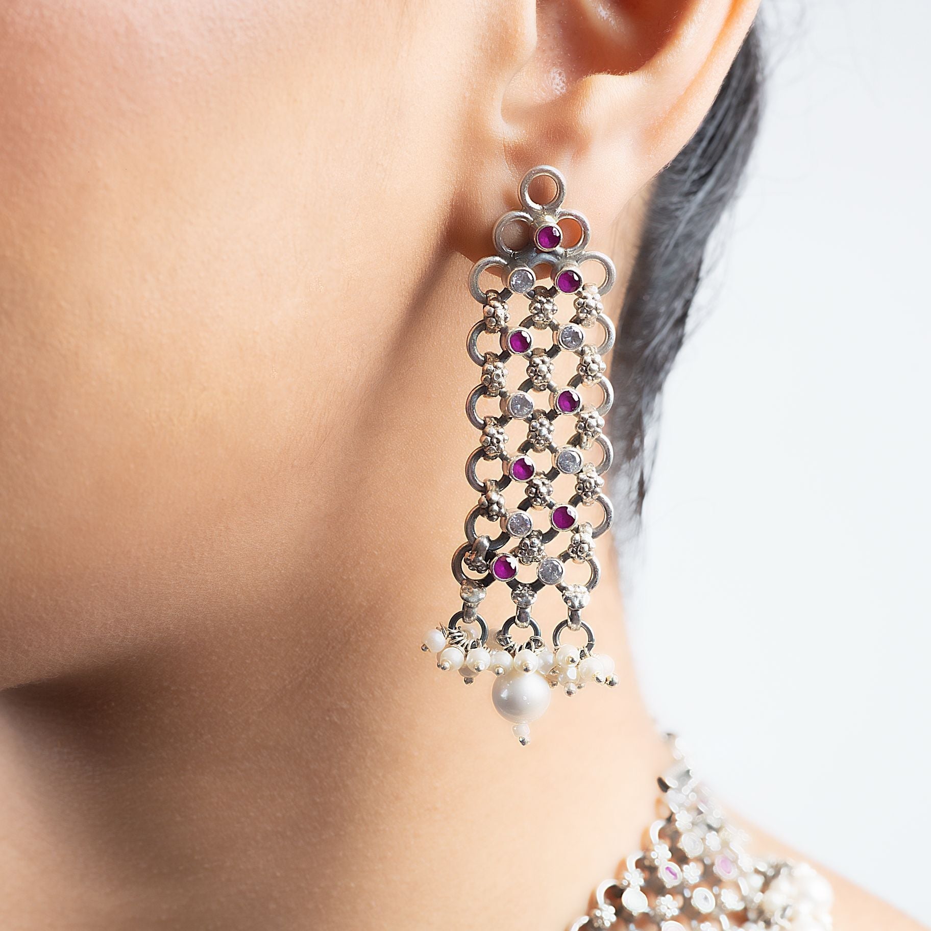 Jali Necklace set With Hanging Pearls Along Adjusting Chain silverhousebyrj