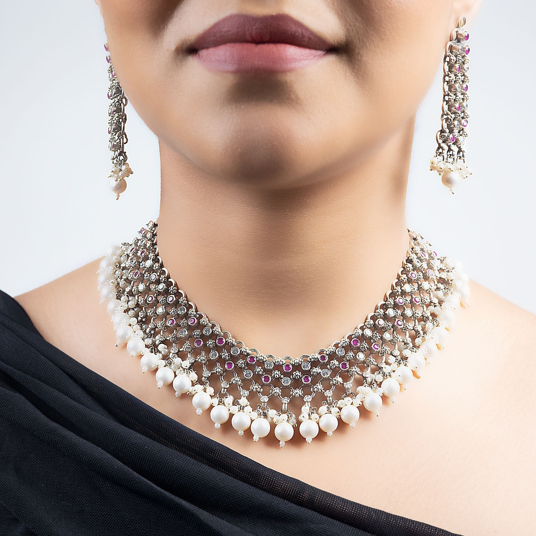 Jali Necklace set With Hanging Pearls Along Adjusting Chain silverhousebyrj