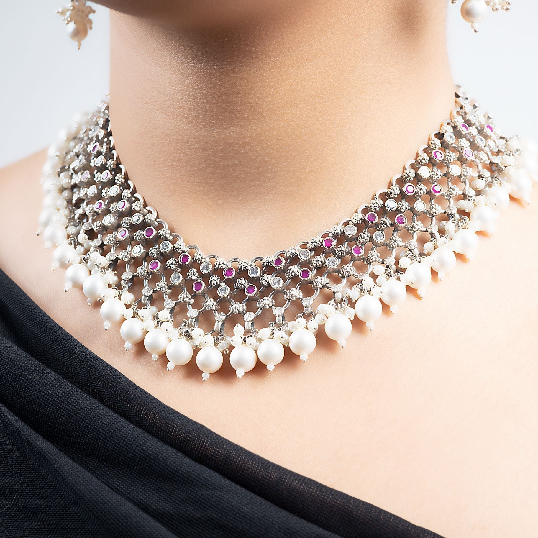 Jali Necklace set With Hanging Pearls Along Adjusting Chain silverhousebyrj