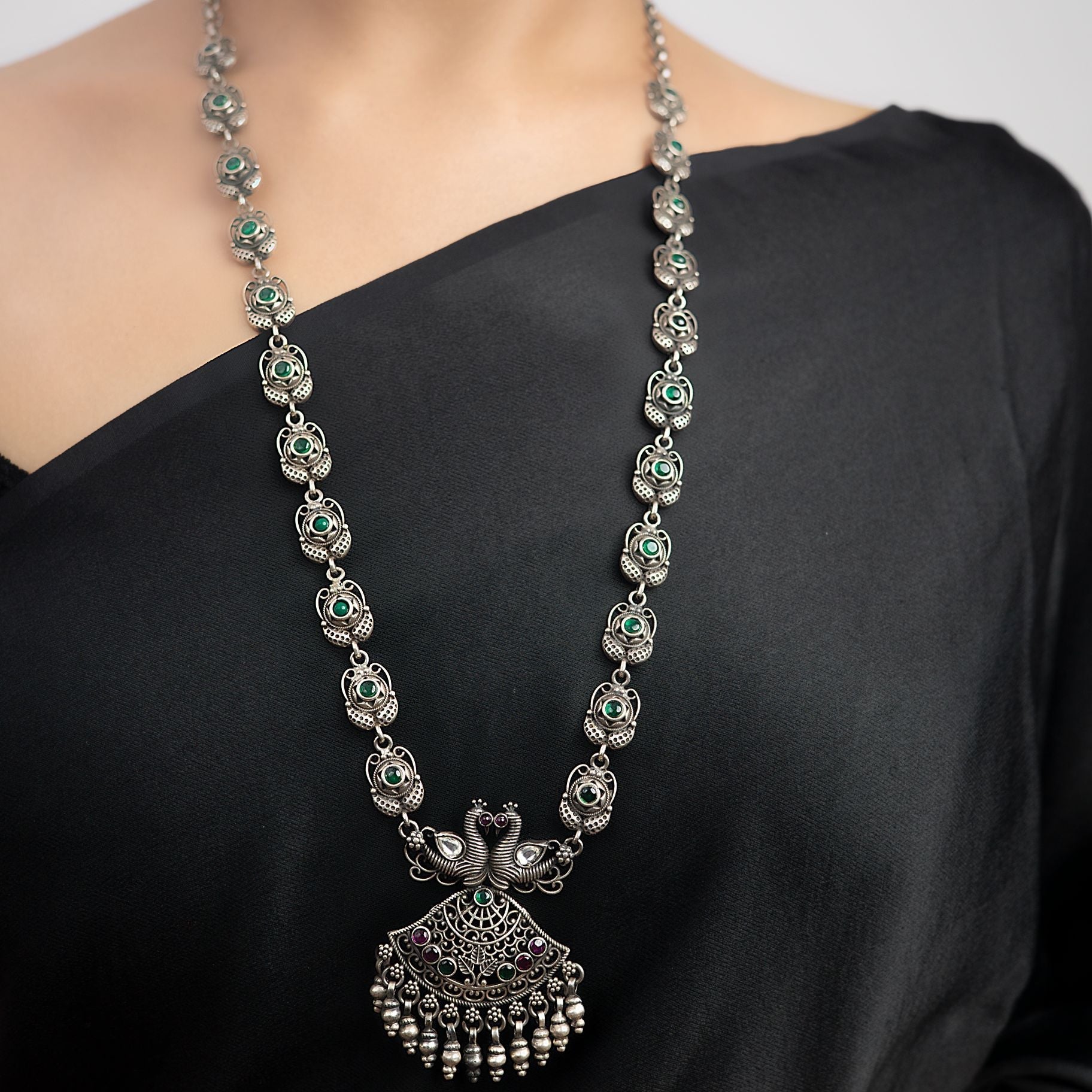 Magnificent light weight mayuri necklace with designer long chain silverhousebyrj