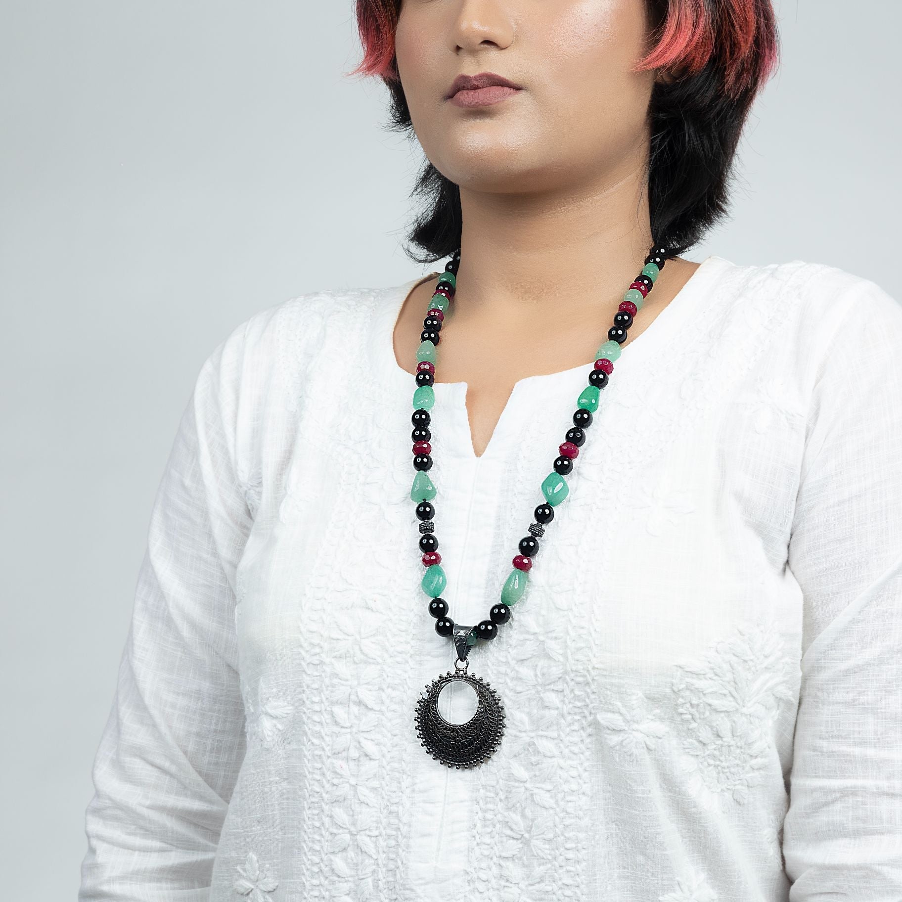 Majestic Quality Stone Beads Necklace With Moon Pendant silverhousebyrj