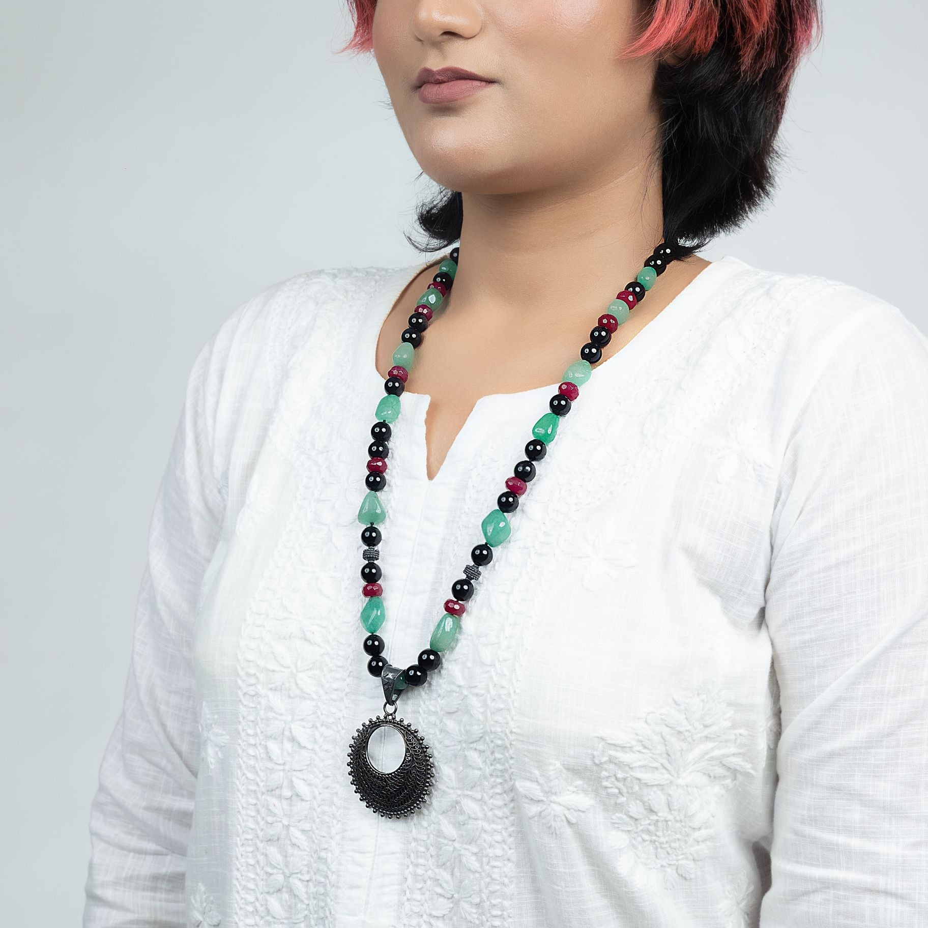 Majestic Quality Stone Beads Necklace With Moon Pendant silverhousebyrj