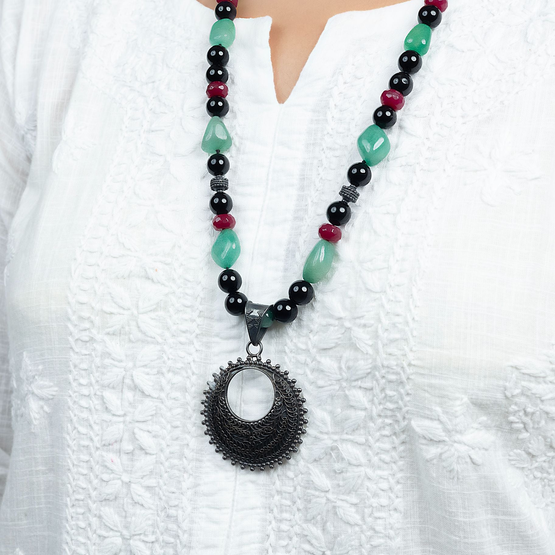 Majestic Quality Stone Beads Necklace With Moon Pendant silverhousebyrj