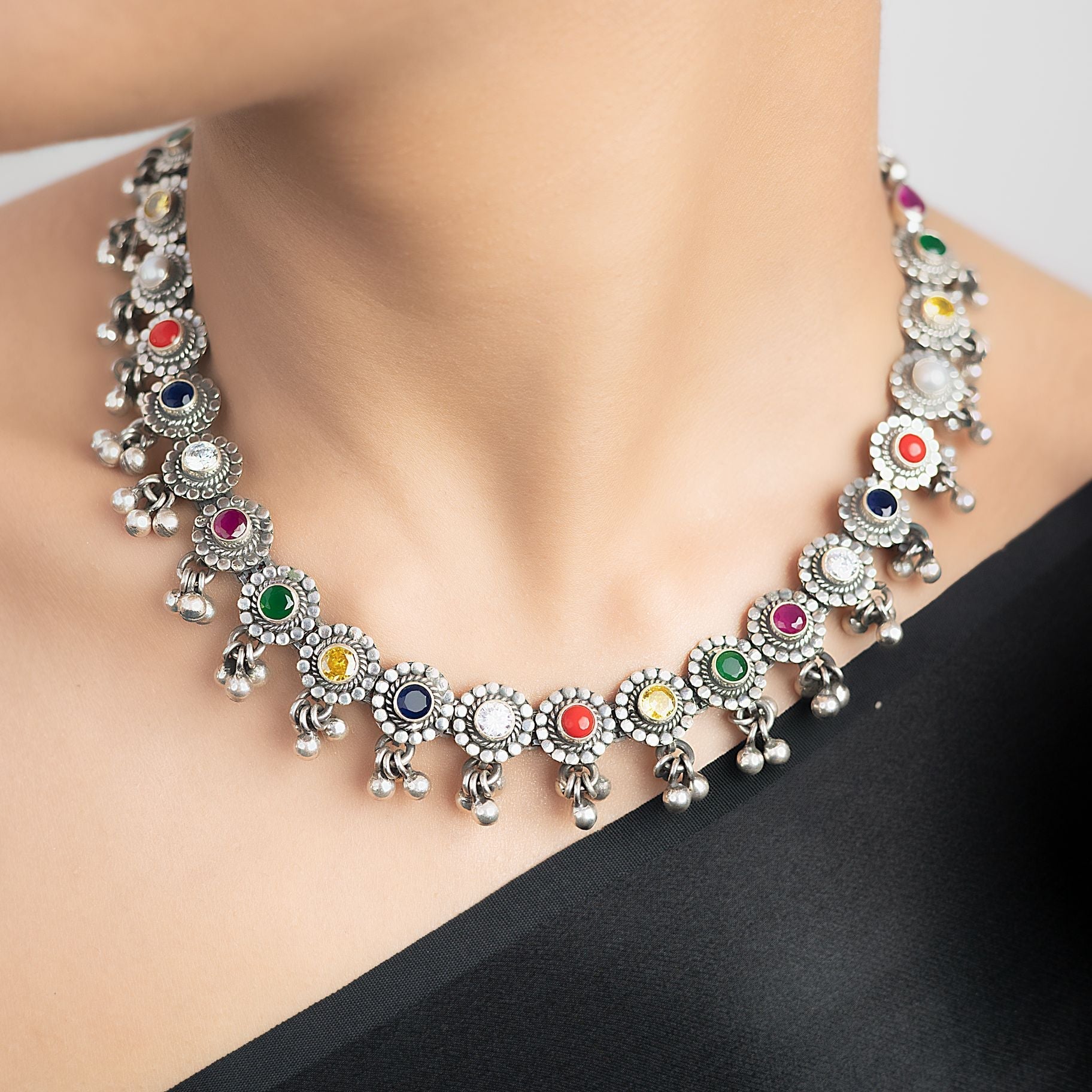 Navratna Necklace with Dropping Ghungroos silverhousebyrj