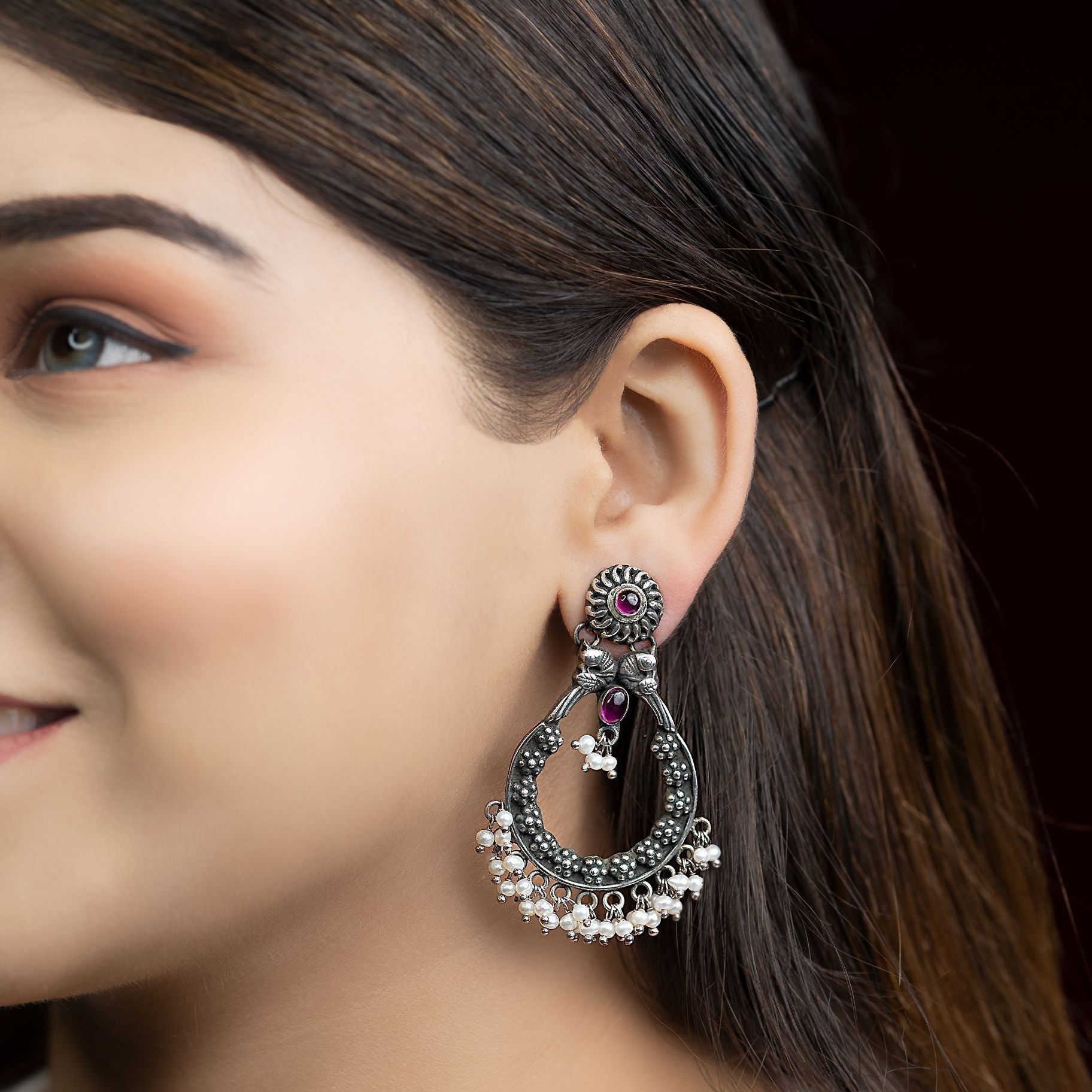 Oval Shaped Dangler With Pearl Drops Earrings silverhousebyrj