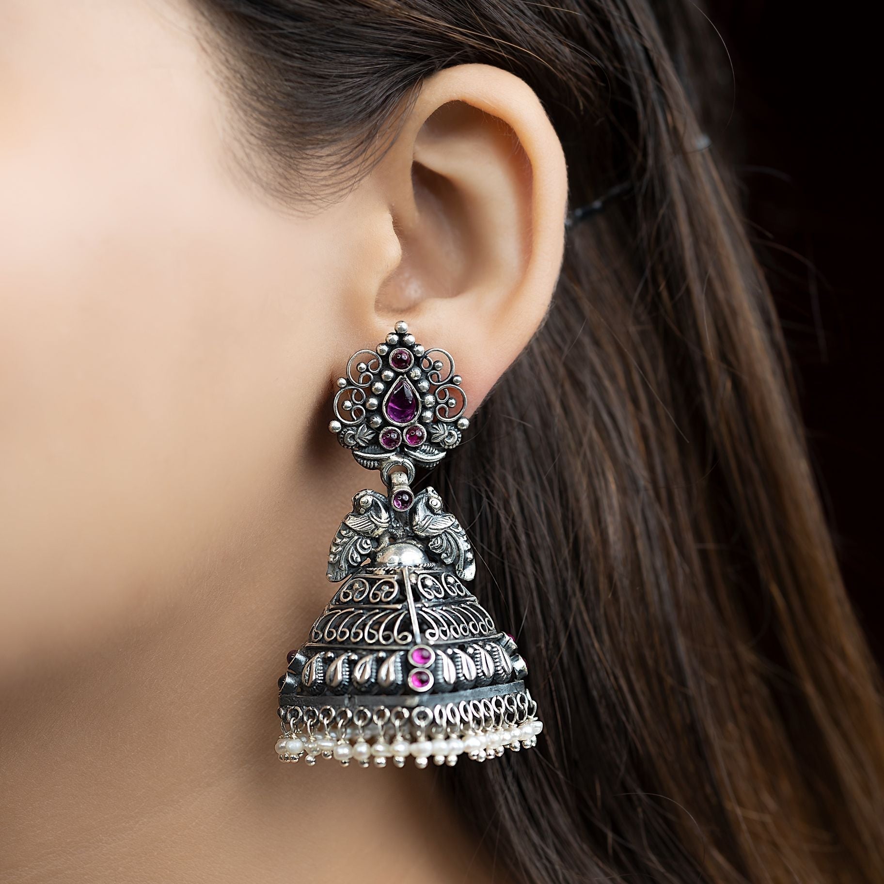 Royal Carved Silver Jhumka Earrings silverhousebyrj