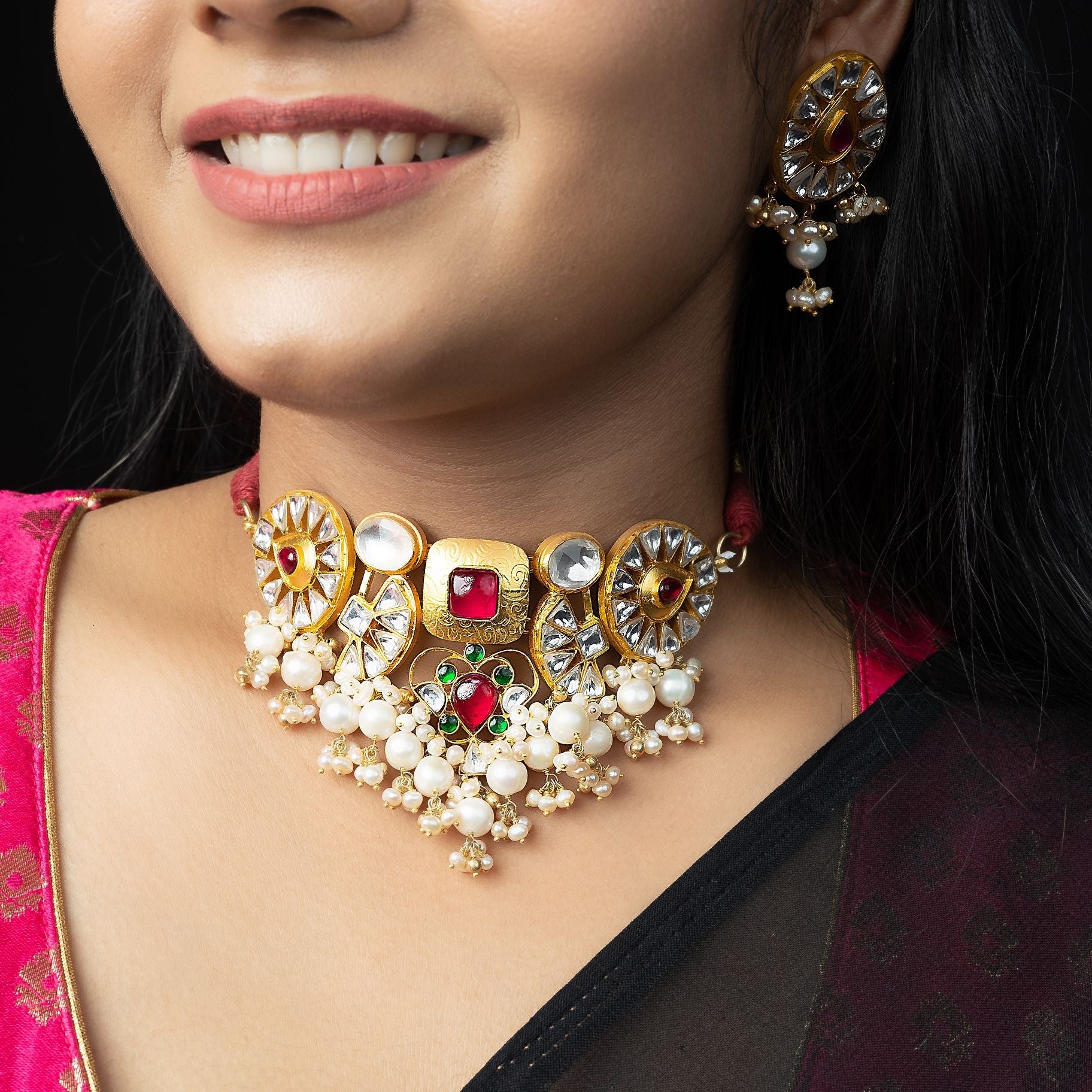 Shahi Stone Studded Choker set With Bunch Of Pearls silverhousebyrj