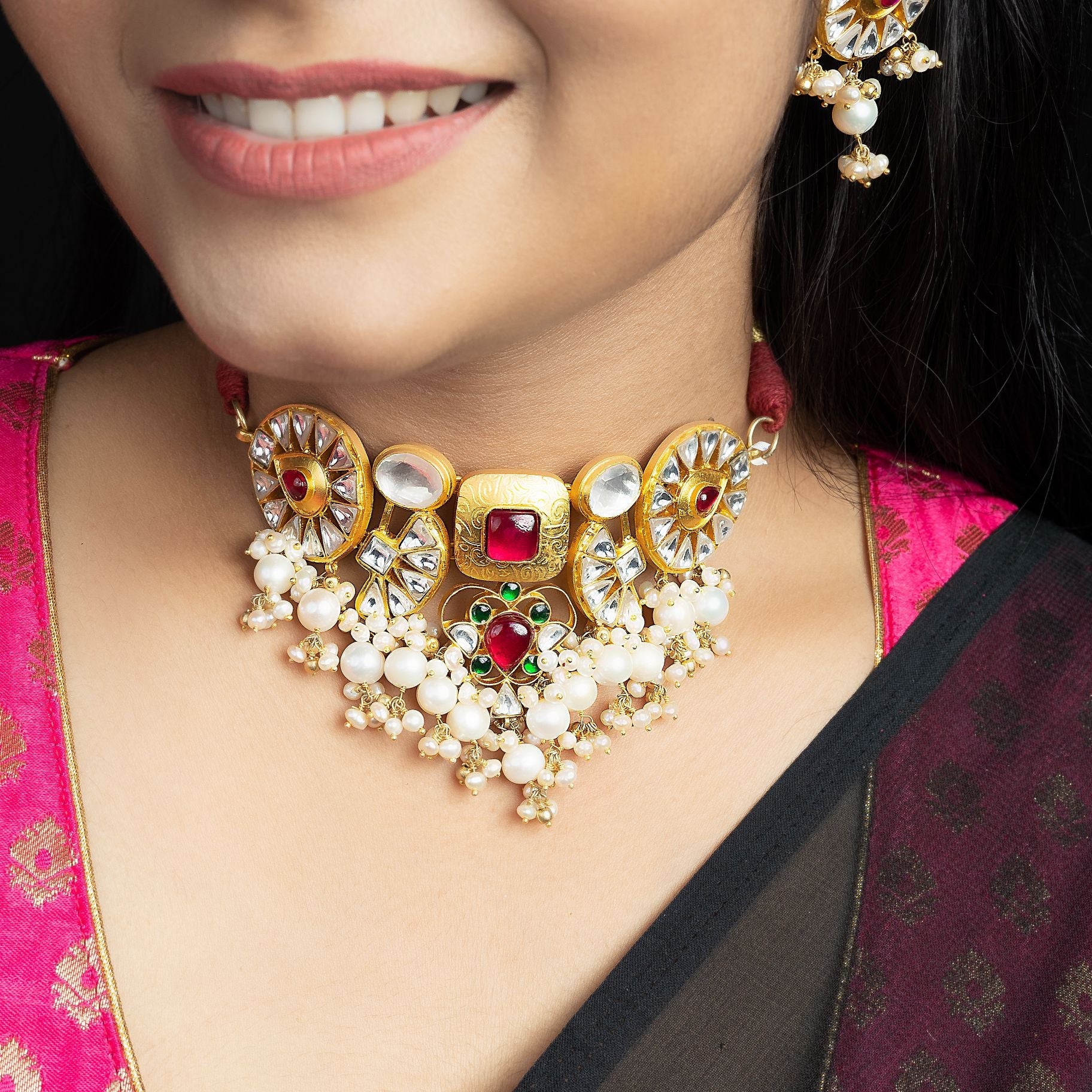 Shahi Stone Studded Choker set With Bunch Of Pearls silverhousebyrj