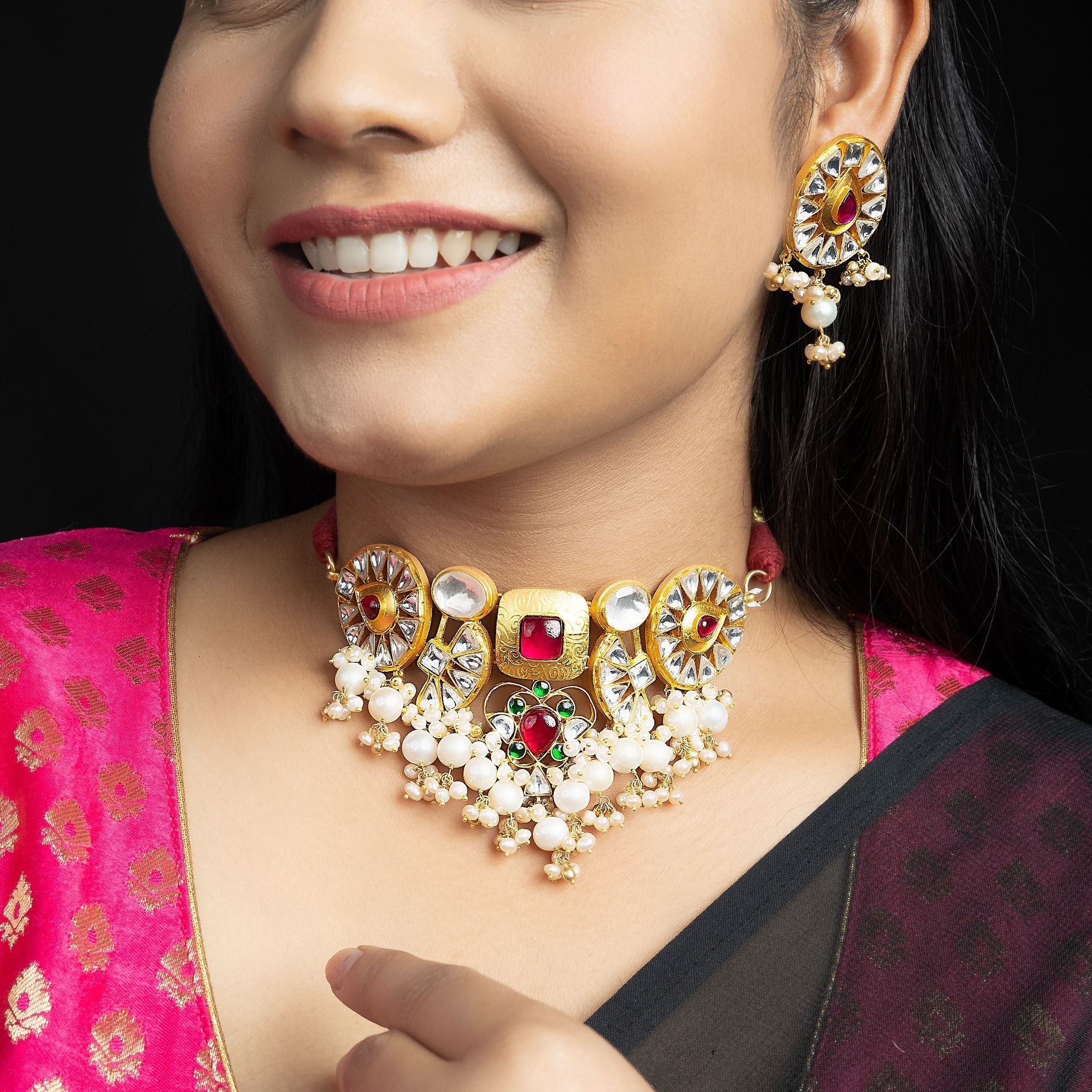 Shahi Stone Studded Choker set With Bunch Of Pearls silverhousebyrj
