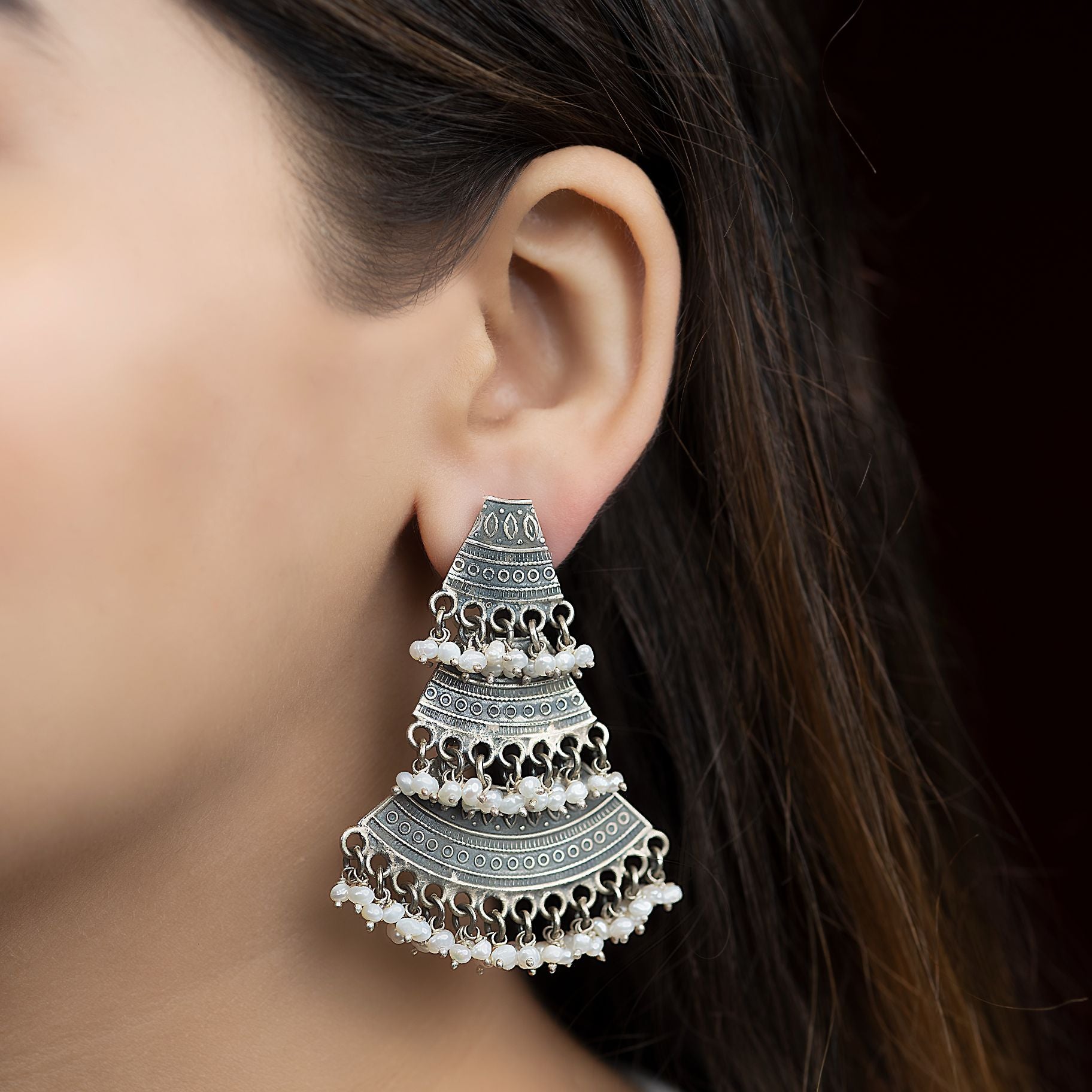 Tri Layered Dangler With Pearl Drops Earrings silverhousebyrj
