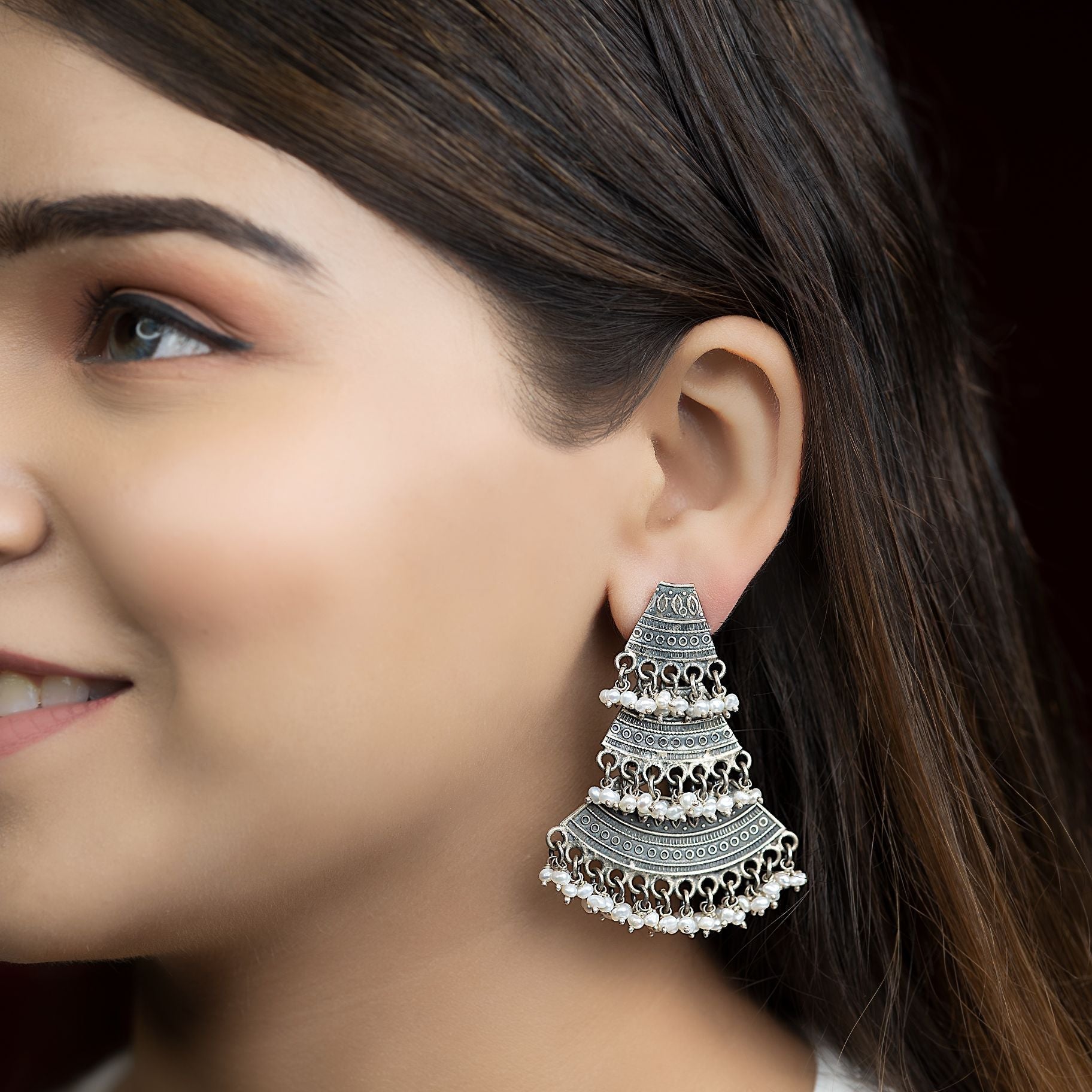 Tri Layered Dangler With Pearl Drops Earrings silverhousebyrj